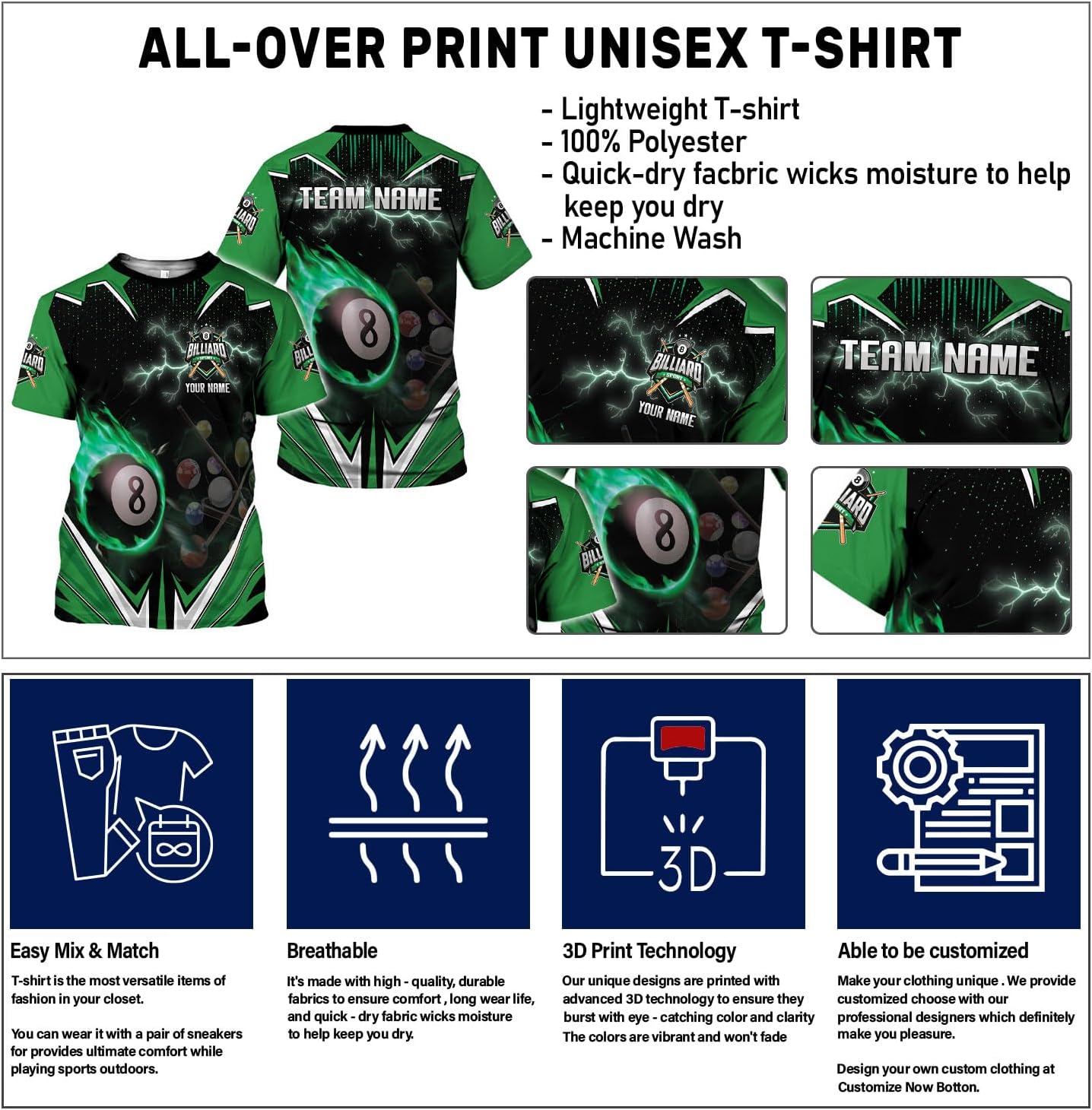 AOVL Personalized Billiard Shirts 3D Billiard Shirt Custom Billiard Flag Shirt Men's Pool Billiards Shirt 8 Ball Men Women