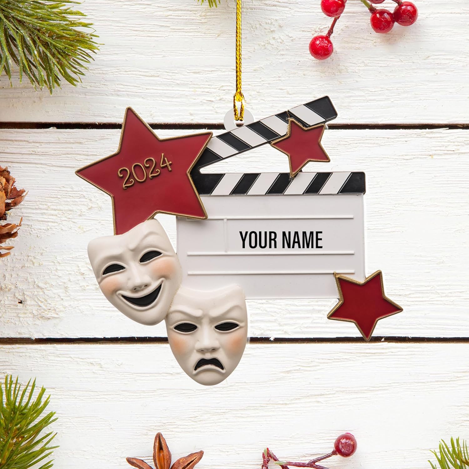 Personalized Theatre Christmas Ornament Artist Ornaments for Christmas Tree Theater Ornament Drama Star Christmas Tree Ornament White Film Director Board Comedy Tragedy Mask (TT1)