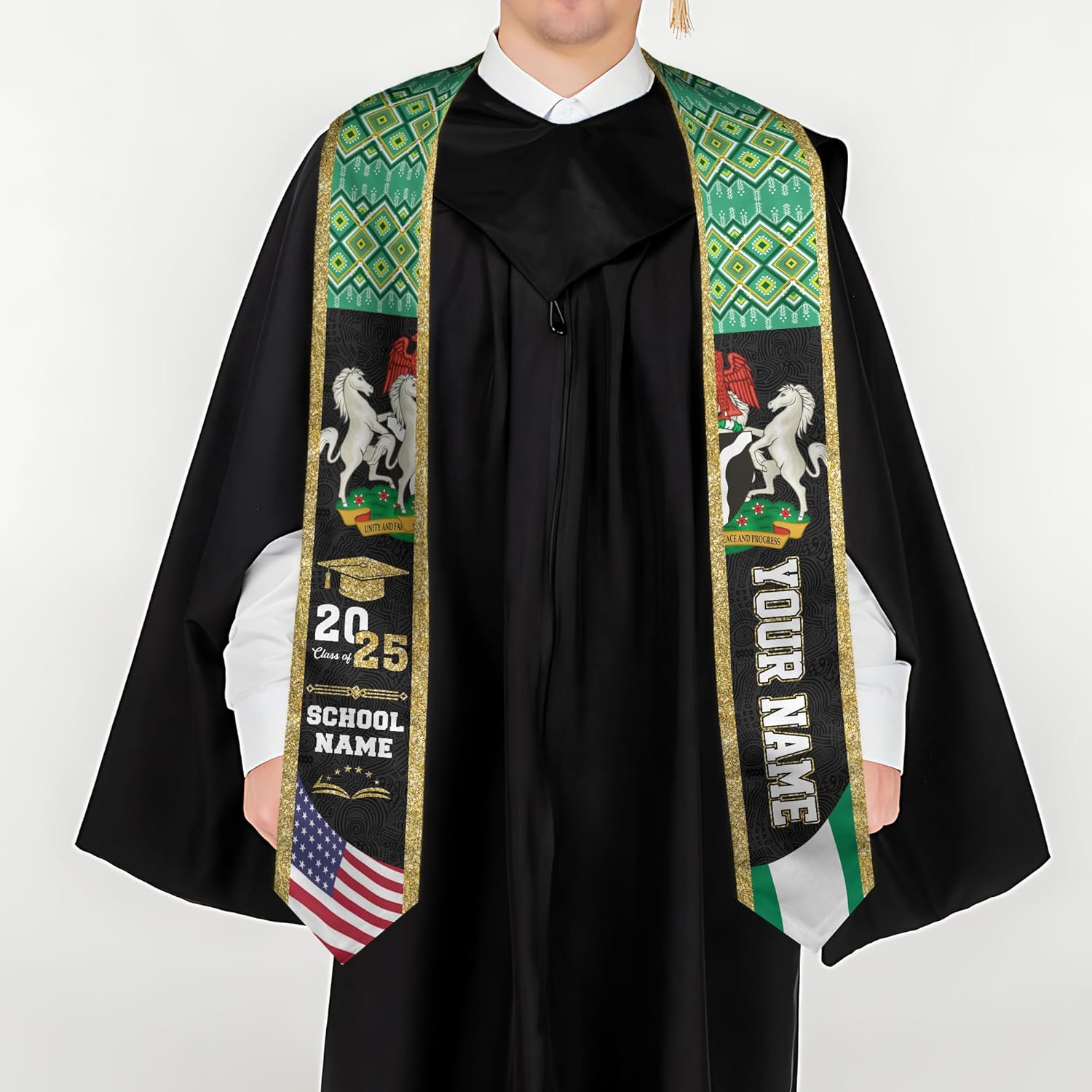 Pretyprints Custom Nigerian Graduation Sash, Nigeria Graduation Stole Customize, Nigerian American Flag Graduation Sash 2025