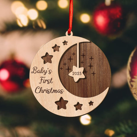 MAPrints Personalized Baby\u2019s First Christmas Keepsake Layered Wood Ornament, Custom New Baby Gifts, Babys 1st Christmas Ornament 2023 Boy Or Girl Newborn, for New Mom Dad (BB 3)