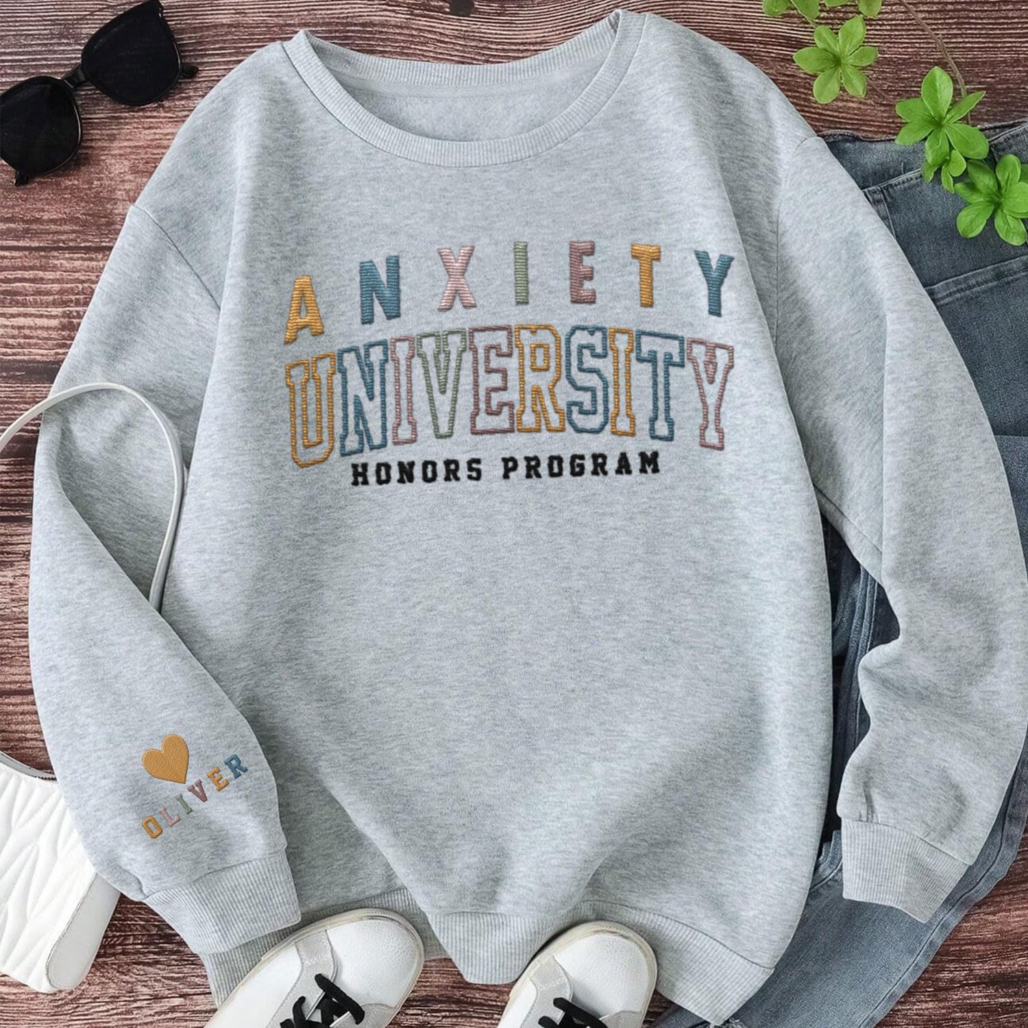 Custom Anxiety University Honors Program Embroidered Sweatshirt Mental Health Shirt Funny Clothing Gifts Her Anxiety State