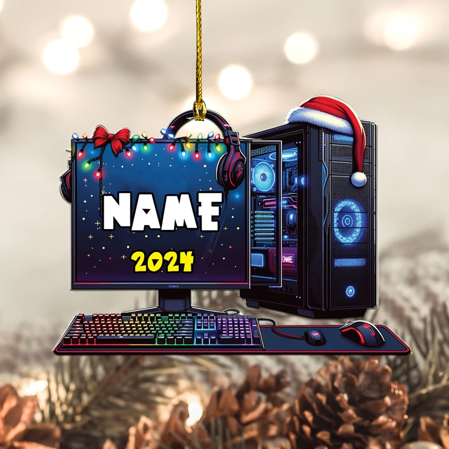 Podagree Personalized Name PC Computer Ornament Christmas, Shape Flat Christmas Ornament for Gamer, Gaming Gamer Christmas Ornament Gift for Boys, PC Game Player Decoration with Custom Name (CPT1)