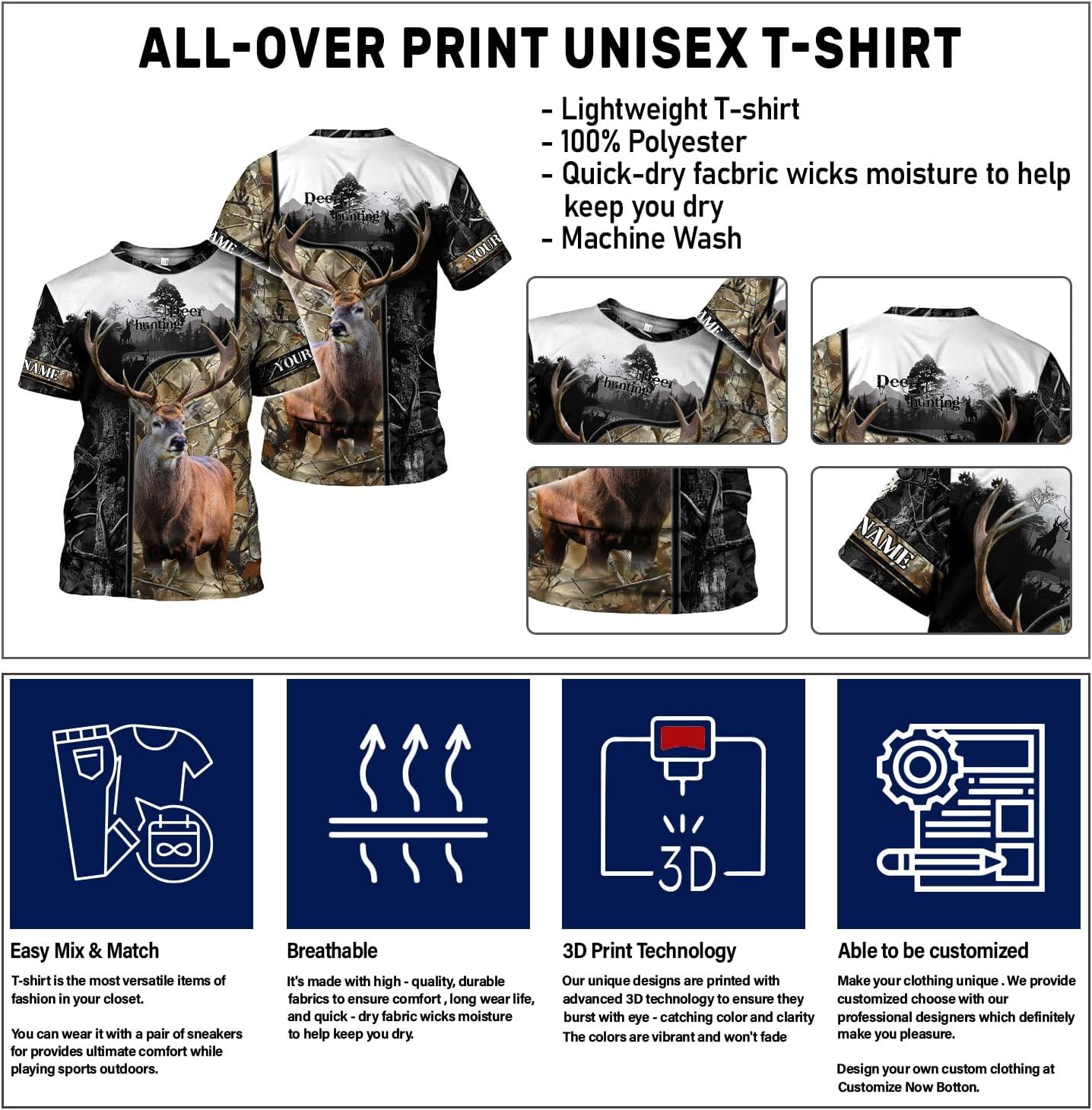 Custom Camo US Flag Deer Elk Buck Camouflage Hunting Hunter Antlers Shirt, Dad Gift Fathers Day