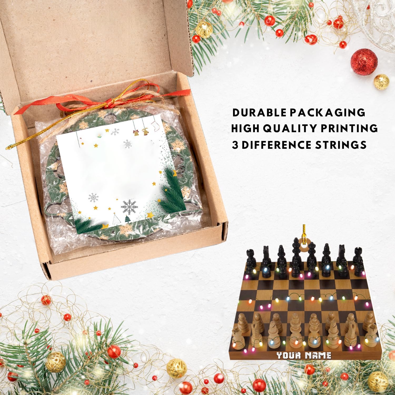 Personalized Chess Ornament - Custom Name Chess Board Ornament, King and Queen Chess Ornament, for Chess Fan, Ornament for Chess Player, Check Mate, Chess Board Ornament (Style 8)