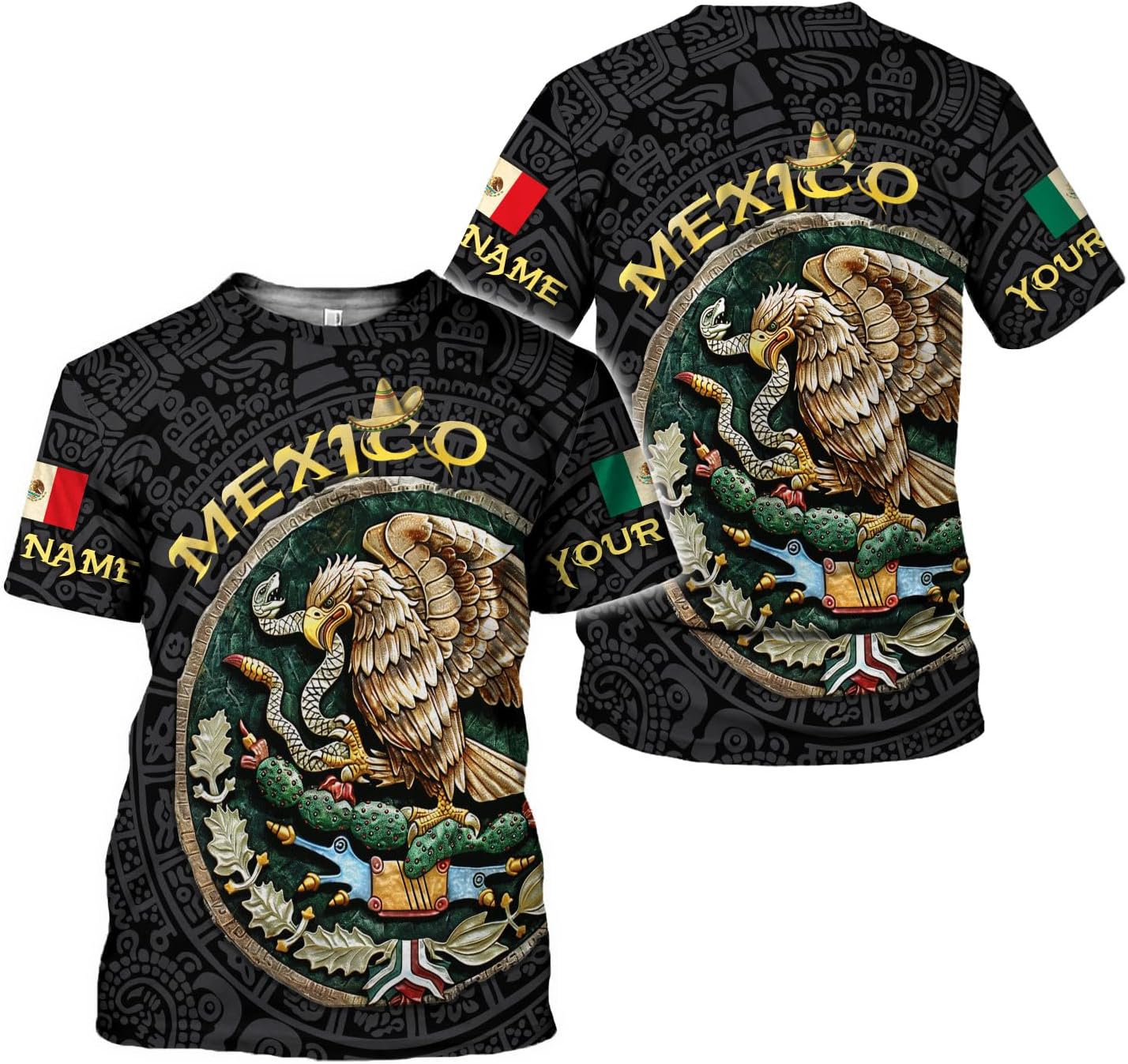 HomeDesign Custom Mexico Shirts Personalized Name Mexican 3D Flag Shirt for Men Women Aztec Unisex US Eagle Pride Camisas