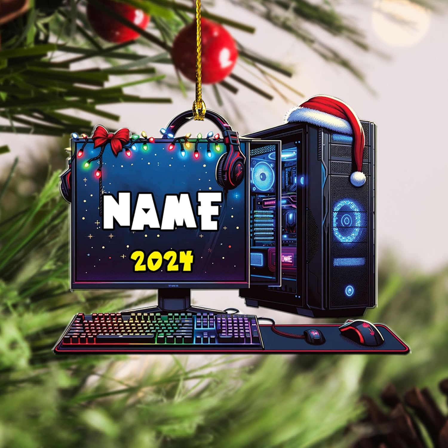 Podagree Personalized Name PC Computer Ornament Christmas, Shape Flat Christmas Ornament for Gamer, Gaming Gamer Christmas Ornament Gift for Boys, PC Game Player Decoration with Custom Name (CPT1)