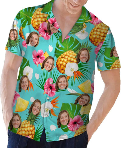 Customized Tropical Floral Hawaiian Shirt with Face for Men and Women, Wife's Husband\u2019s Photo Aloha Beach Fruit Flower Shirts