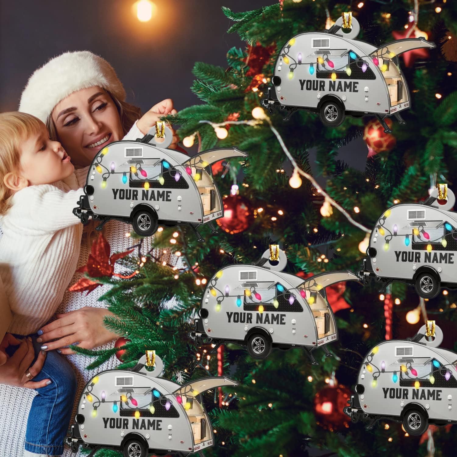 Personalized Camping Ornament, Camping Wood Plastic Ornament Travel Trailer Shaped Acrylic Ornament, Gifts for Camping Lovers, Him, Her, Camping Christmas Ornament, Christmas Tree Decor (CP5)