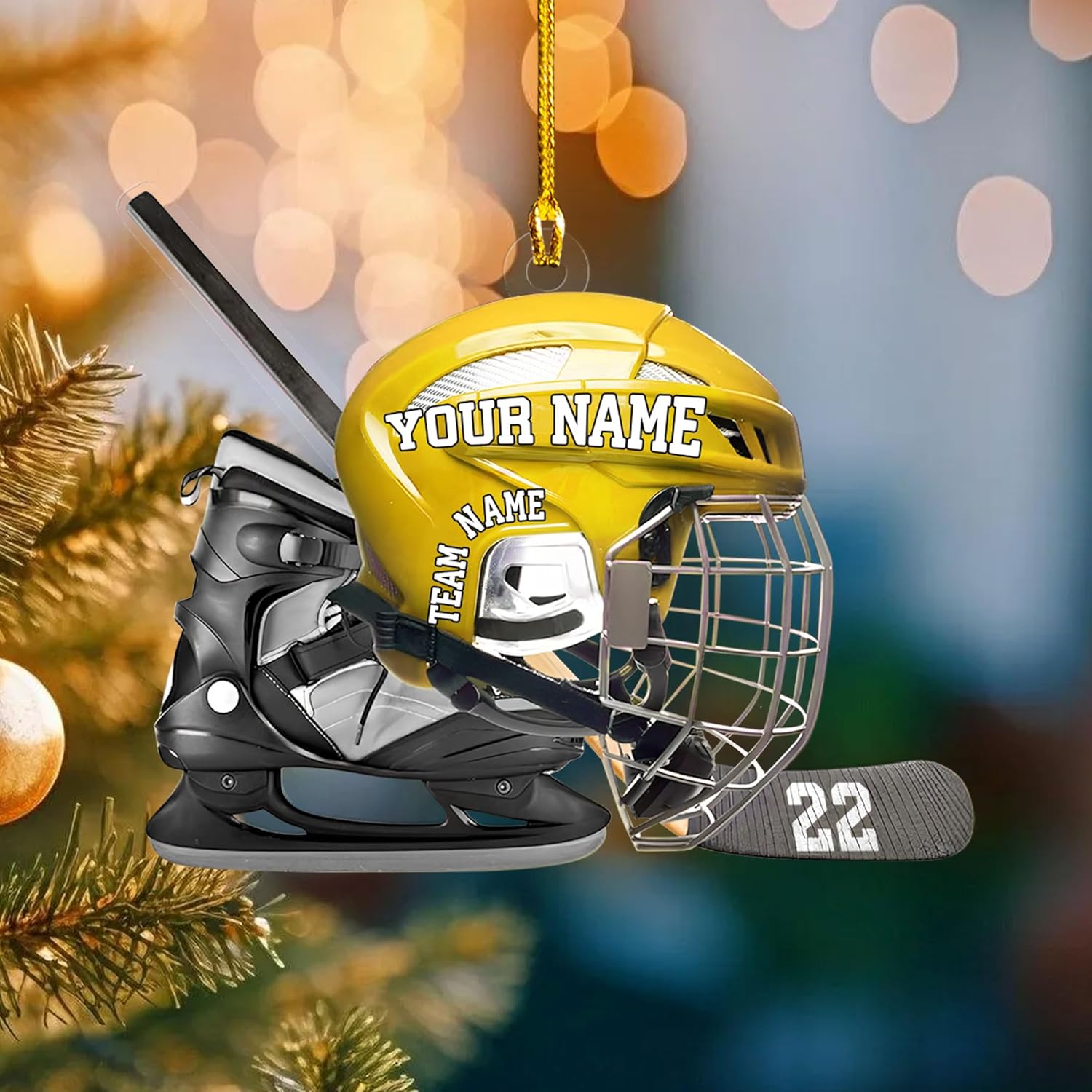 Hockey Helmet Christmas Ornament, Hockey Team Christmas Ornaments, Hockey Family Ornament, Hockey Player Hockey Lovers Ornament Helmet and Gloves Wood Hockey Hanging Decor (1, HK7)