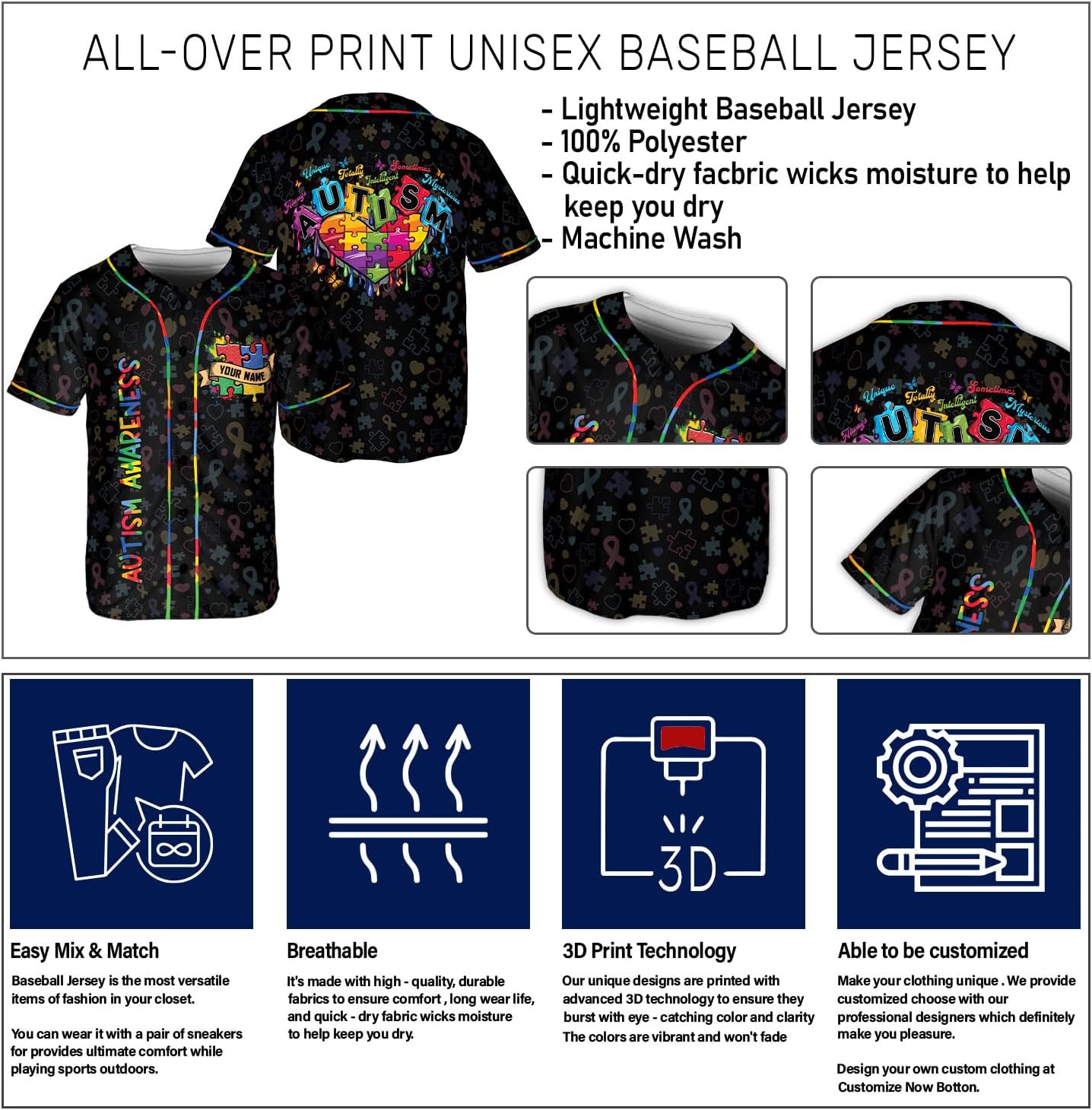 Custom Autism Awareness Jerseys for Men Puzzle Autism Baseball Jersey Puzzle Ribbon Awareness Shirt Autism Warrior Jersey
