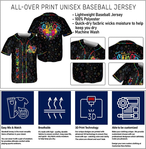 Custom Autism Awareness Jerseys for Men Puzzle Autism Baseball Jersey Puzzle Ribbon Awareness Shirt Autism Warrior Jersey
