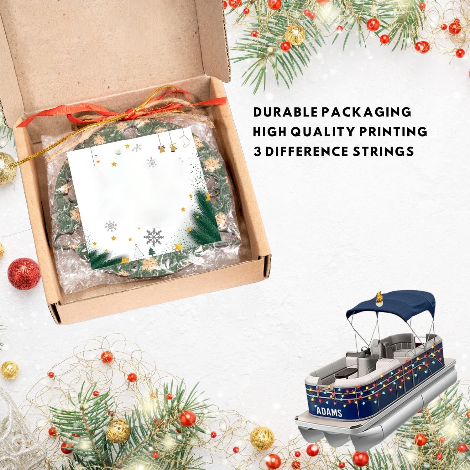 Pontoon Boat Ornament, Pontoon Christmas Ornament, Pontoon Boat Christmas Car Ornament, Pontoon Boat, Christmas Tree Ornament Hanging Decor, Custom Pontoon String Light Flat Ornament (Style 1)
