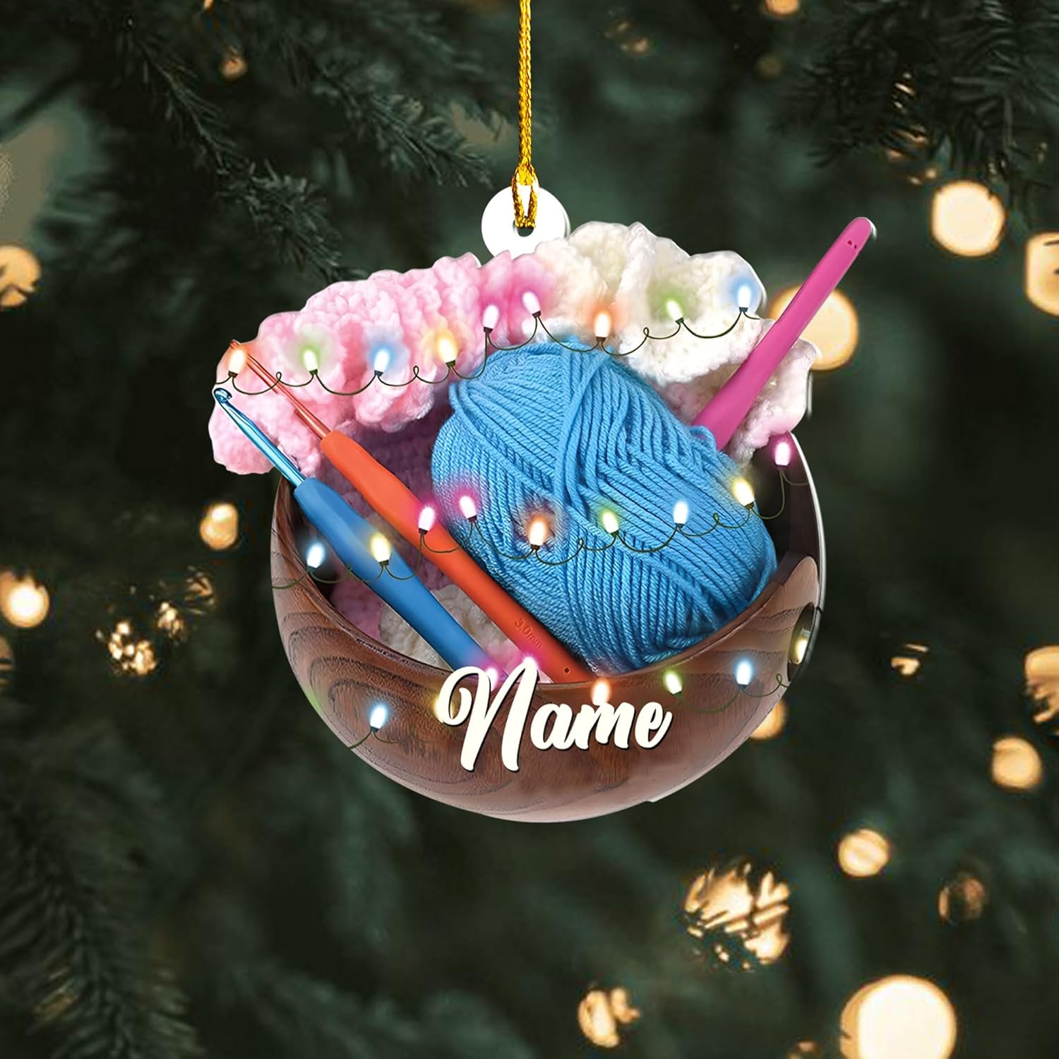 Personalized Knitting Yarns Ornament Christmas, Wool Bakset Knitting Accessories with String Lights Christmas Tree Ornament, Knitting Customized Christmas Ornament String Lights Christmas (KN12)