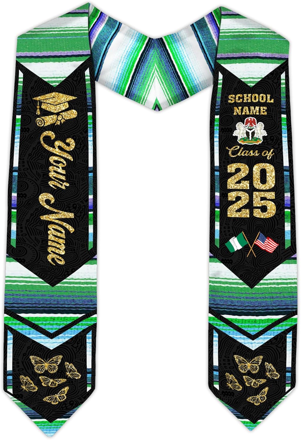Pretyprints Custom Nigerian Graduation Sash, Nigeria Graduation Stole Customize, Nigerian American Flag Graduation Sash 2025