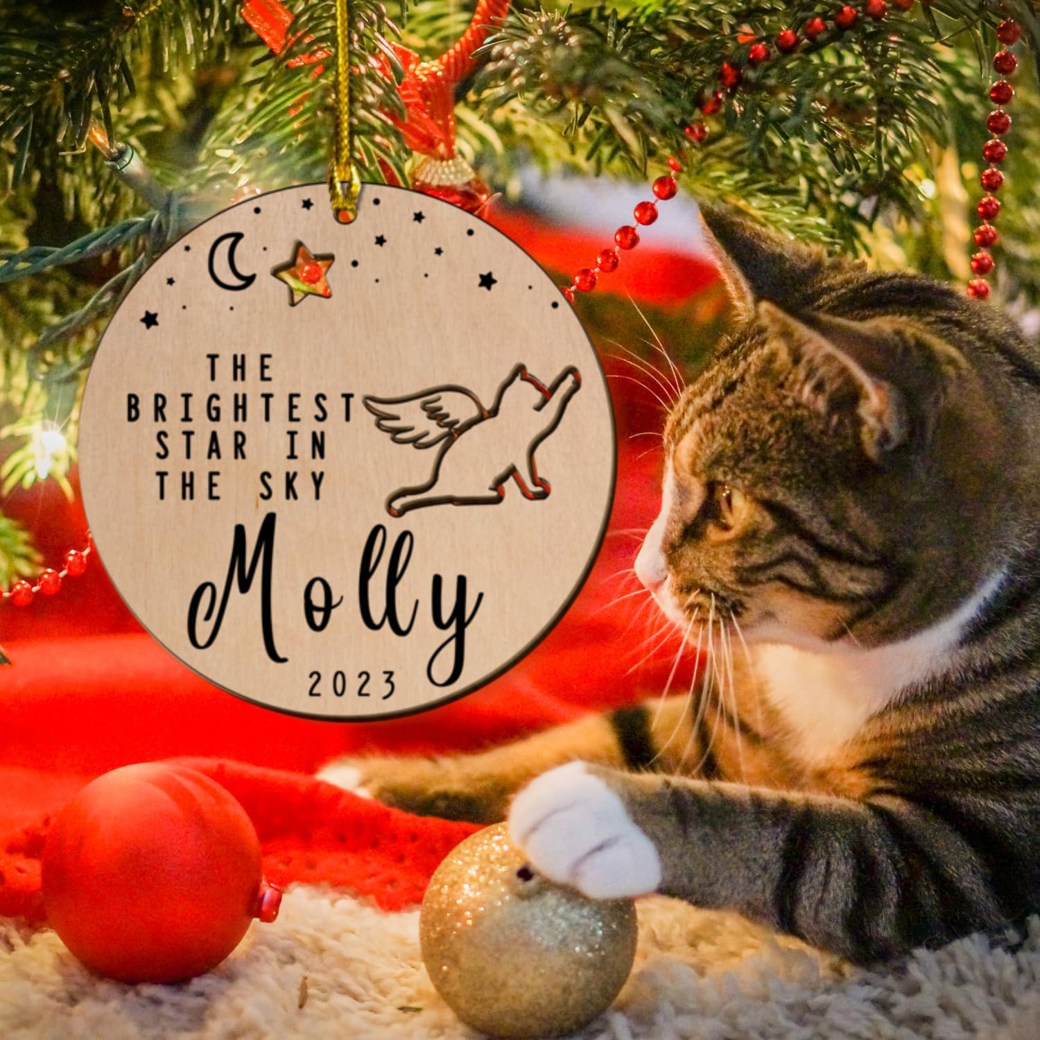 MAPrints Personalized Cat Christmas Ornaments, Cat First Christmas Wood Ornaments, Gifts for Cat Lovers, Cat Memorial Ornament, Forever Loved Cat Keepsake, Cat Loss Gifts (CAT 19)