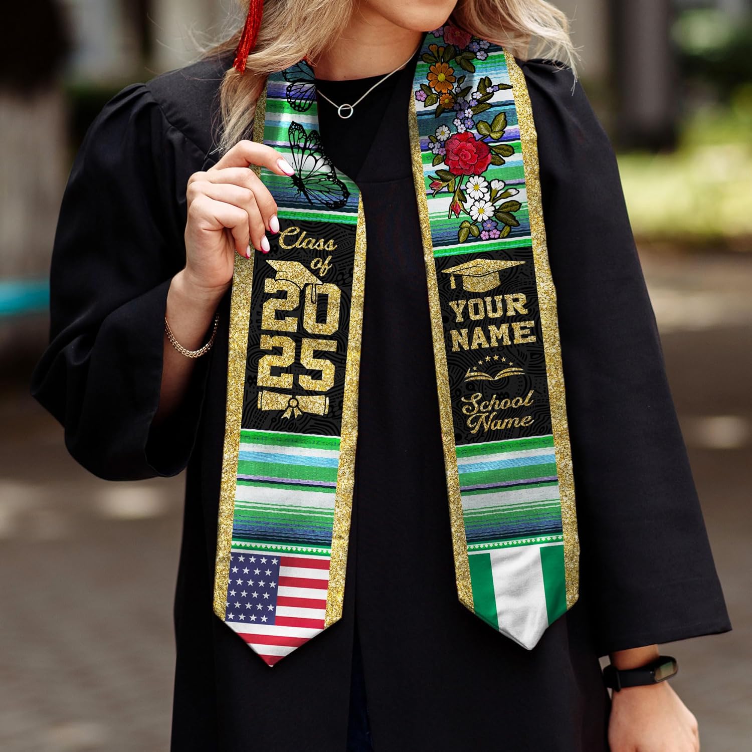Pretyprints Custom Nigerian Graduation Sash, Nigeria Graduation Stole Customize, Nigerian American Flag Graduation Sash 2025