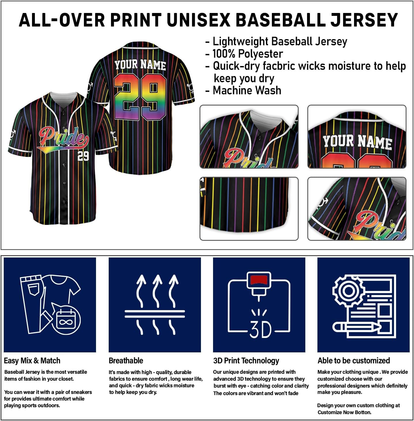 AOVL Personalized LGBT Pride Baseball Jersey Pride Hand LGBT Flag Jersey Rainbow Les Gay Shirts LGBT Pride Month Jerseys