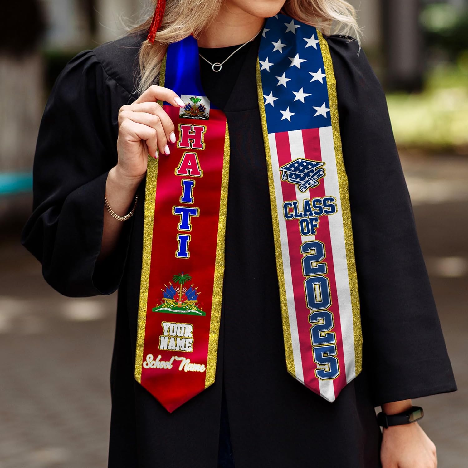 Pretyprints Haitians Graduation Sash, Haiti Graduation Stole Custom, Personalized Haitians American Flag Graduation Sash 2025