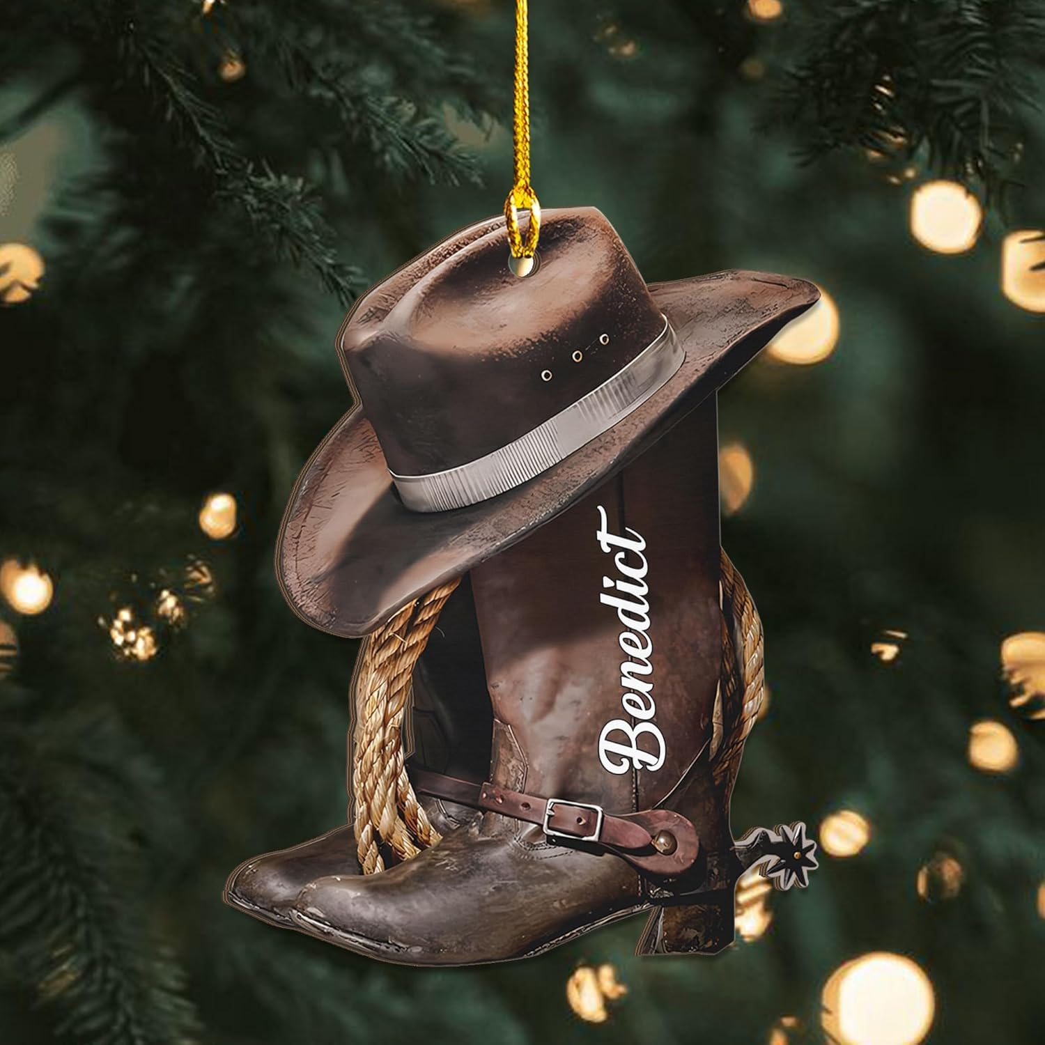 Royalbro Personalized Cowboy Christmas Ornaments, Cowboy Boots and Hat Ornament for Cowboy, Saddle Ornament, Cowboy Cowgirl Horseback Riding Cowboys Ornament Tree Hanging Ornament Gift Xmas (CB N1)