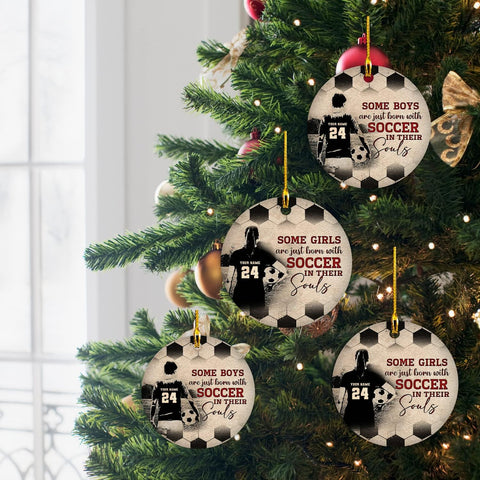 Mostprints Personalized Name and Numer Soccer Christmas Ornament 2023, Custom Soccer Ornaments for Xmas, Soccer Ornament Handmade from Wood Tree Hanging Ornament Pine Tree Decorations for Couple