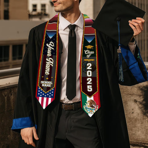 Custom Mexican Graduation Sash, Mexico Graduation Stole Customize Photo, Mexican American Flag Graduation Sash 2025