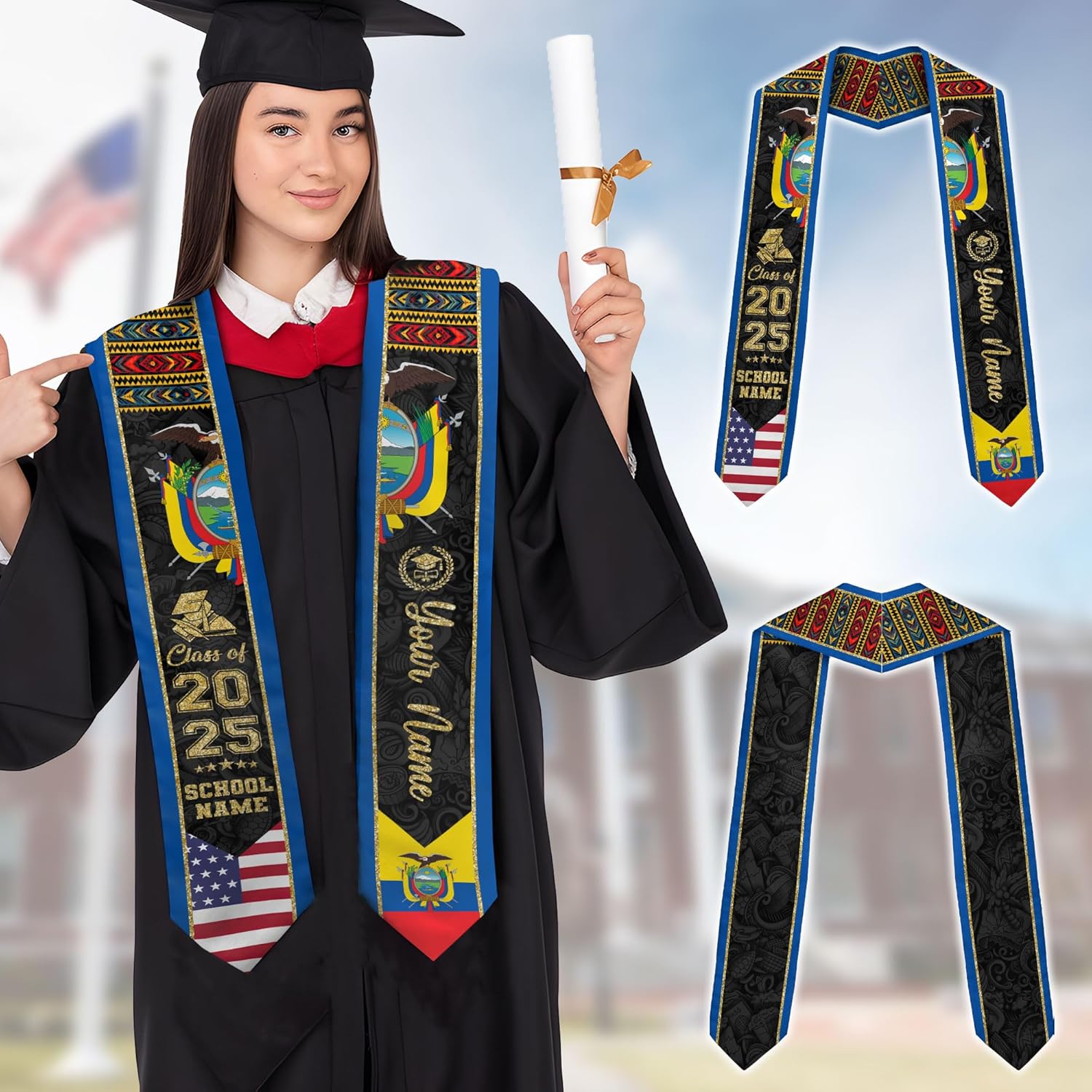 Pretyprints Ecuador Graduation Stole, Ecuadorians American Flag Graduation Sash 2025, Ecuadorians Graduation Sash
