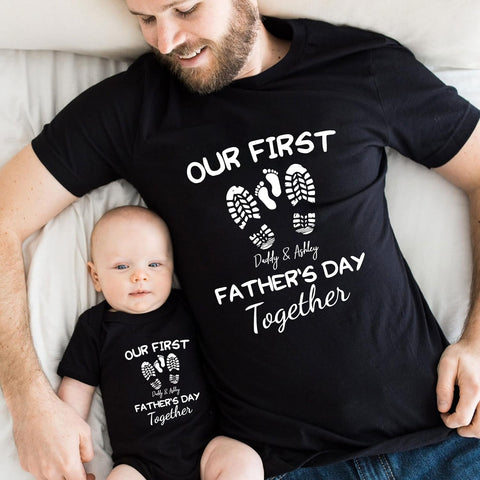 Personalized Dad Shirt Father's Day Matching Tee Set Gift for Dad and Child Daddy Tshirt Baby Onesie Shirt Gifts for Father (1st with Footprints)