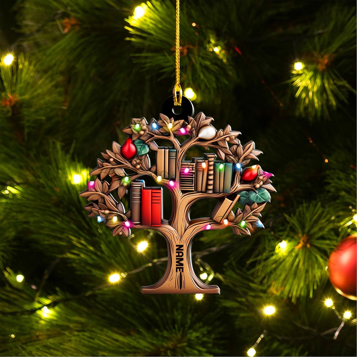 Personalized Book Lovers Heart Ornament, Reading Book Xmas Acrylic 2D Shape Flat Ornament 2024, Bookshelf Ornament Gift for Her Librarian 2D Flat Printed Wood Book Lovers Ornament (Book 2)