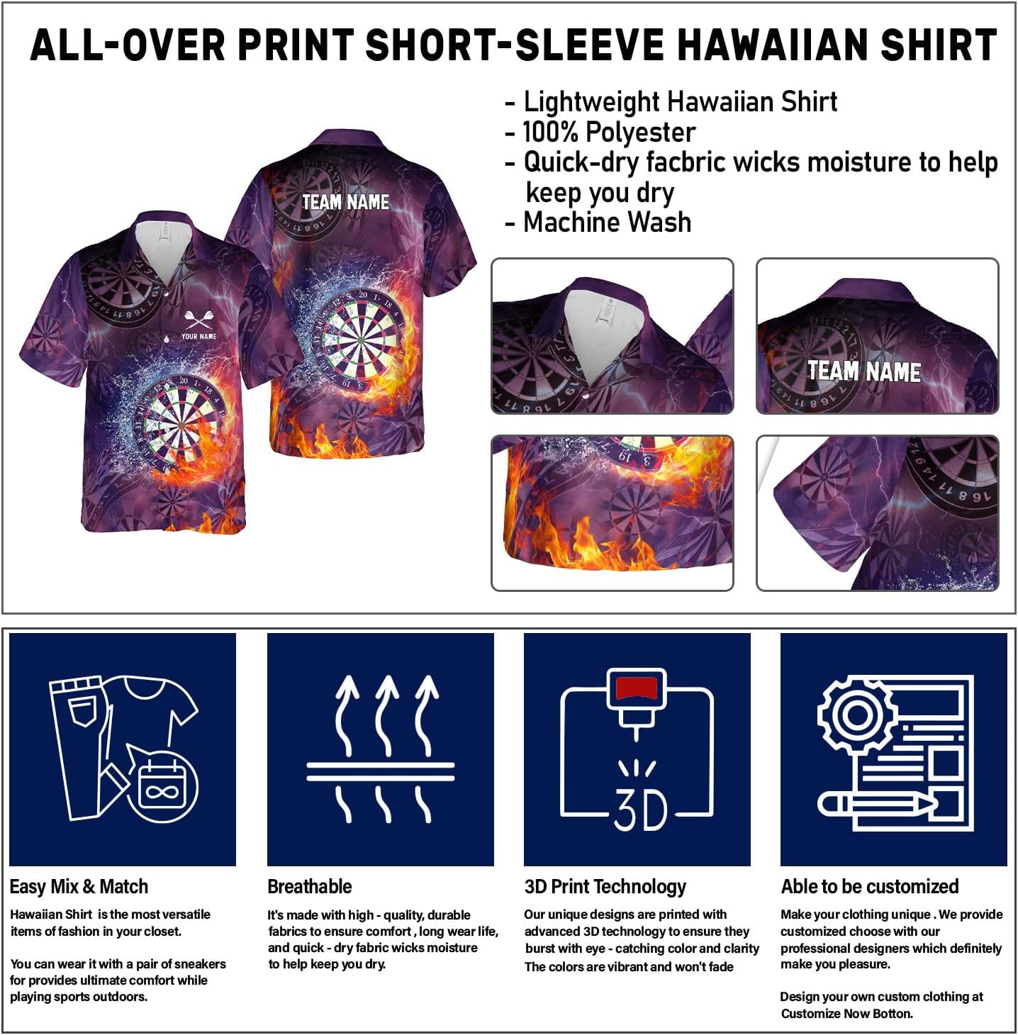 Generic Personalized Dart Hawai Shirt - Men's Unisex-Adults Hawaiian Dart Team League Hawaiian Shirt - Short Sleeve Button Down - Multi, Large