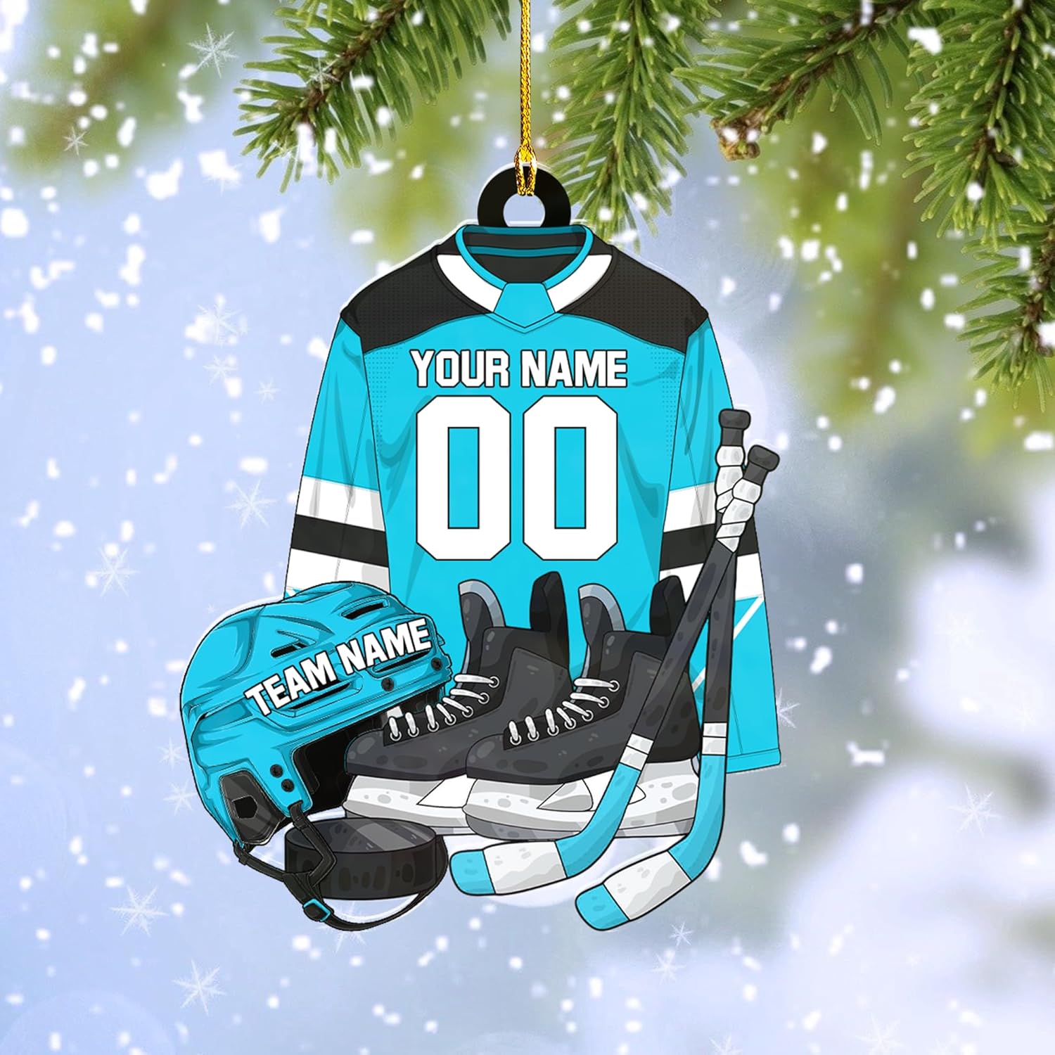 AOVL Personalized Hockey Christmas Ornament, Hockey Skates Helmet and Stick, Hockey Player Ornament, Hockey Ornament, Hockey Flat Ornament, Gift for Hockey Lovers Christmas Tree Decor (Hockey 13)