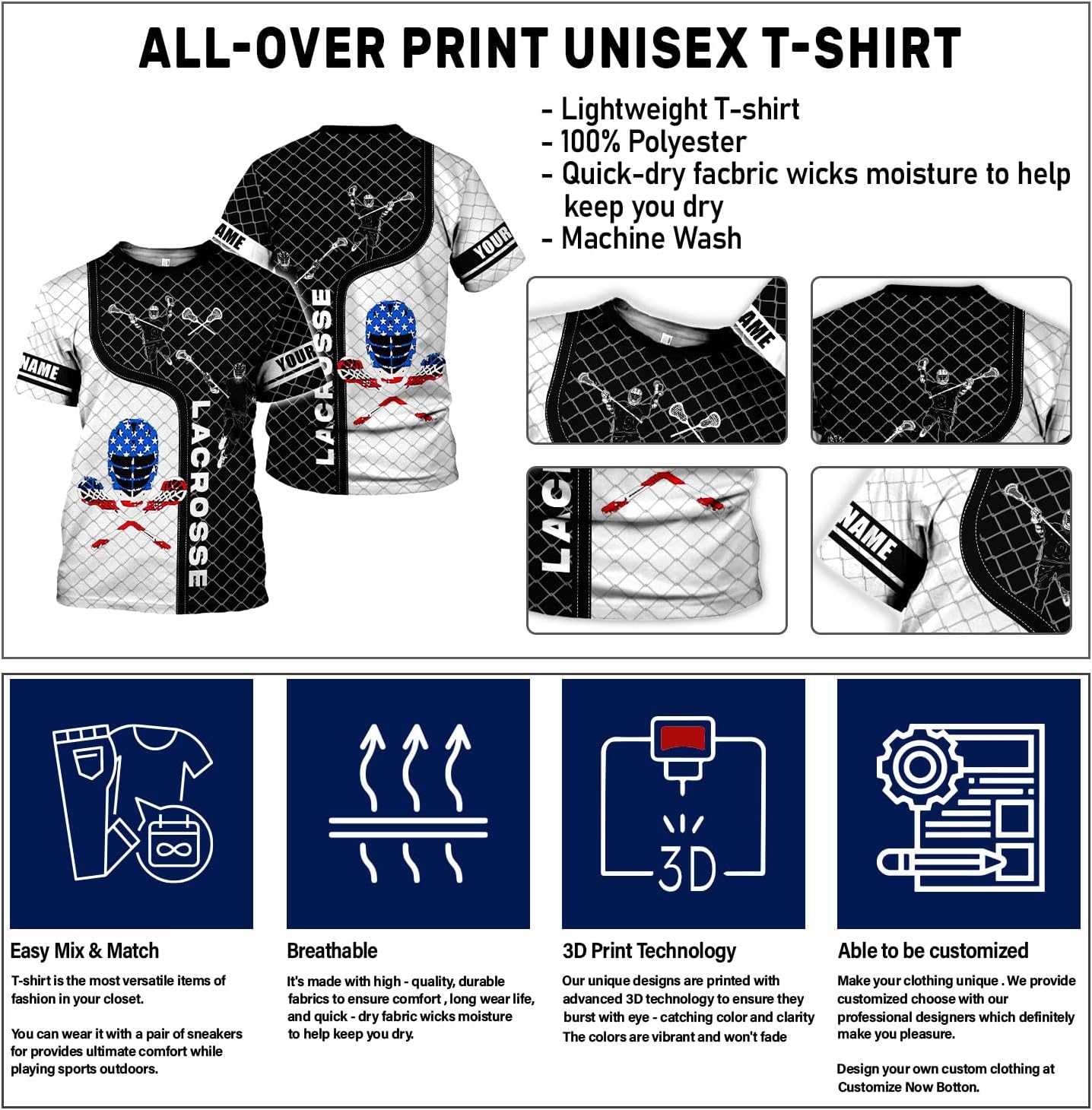 mostprints Custom Name Lacrosse Shirts, Lacrosse Shirts Mens American Flag Lax Helmet Sticks Lacrosse Shirt Gifts