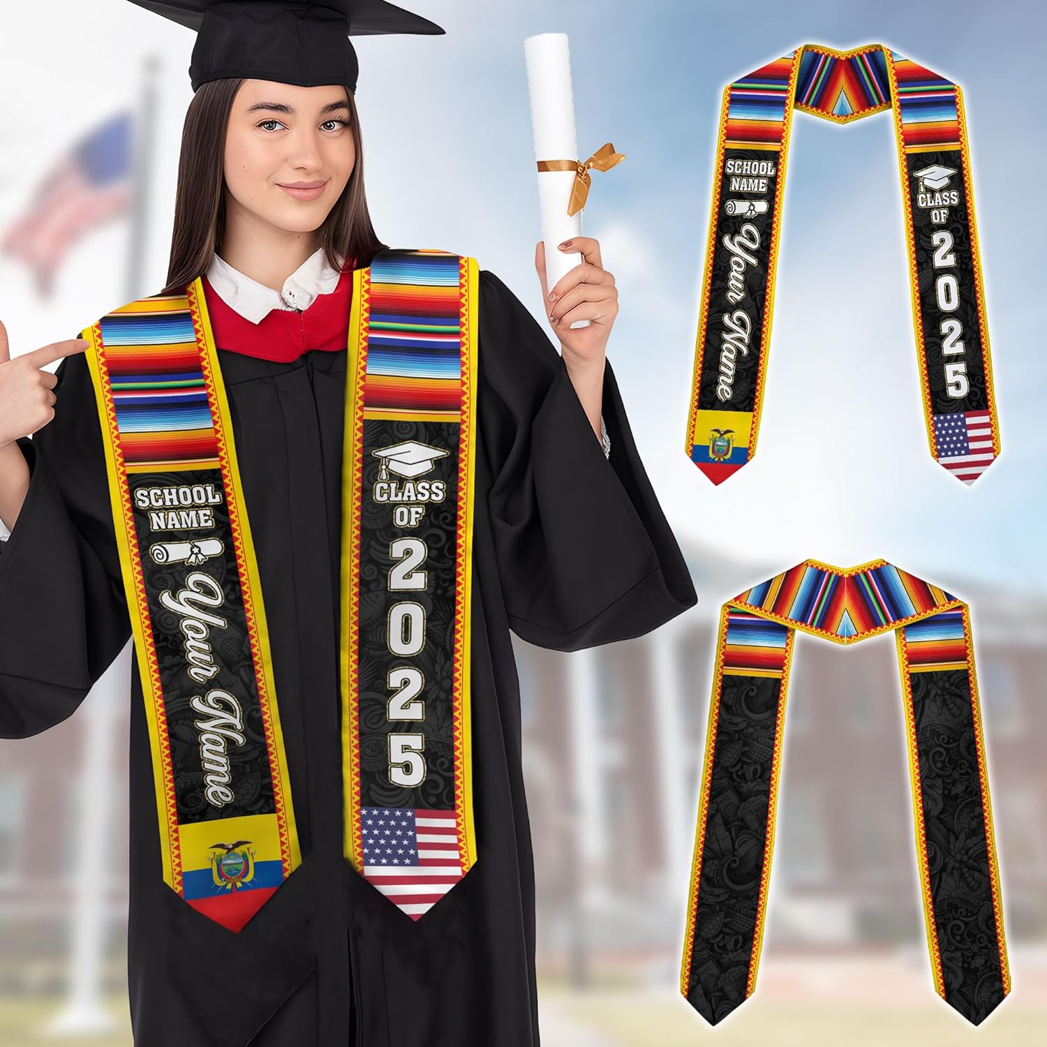 Pretyprints Ecuador Graduation Stole, Ecuadorians American Flag Graduation Sash 2025, Ecuadorians Graduation Sash