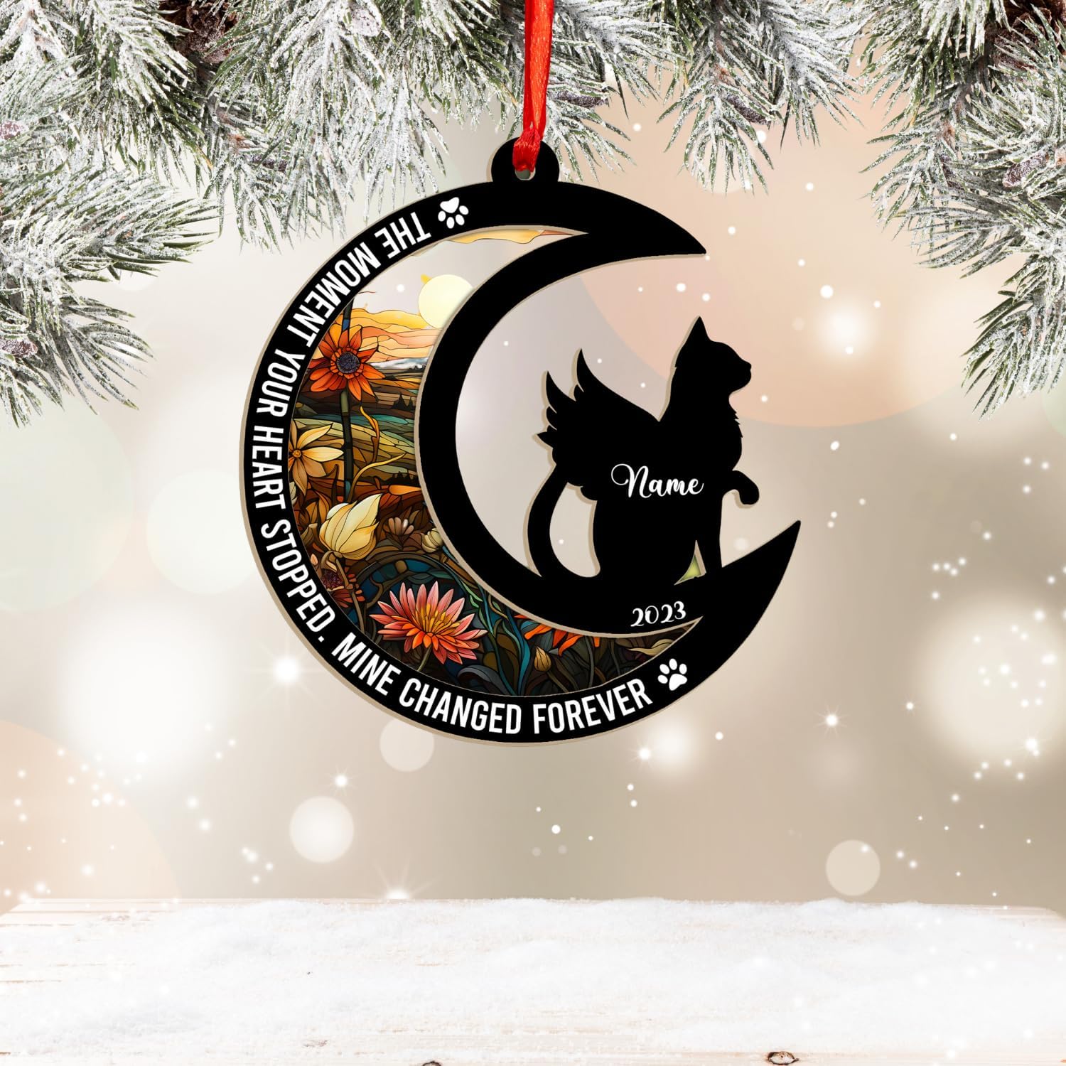 MAPrints Personalized Cat Christmas Ornaments, Cat First Christmas Wood Ornaments, Gifts for Cat Lovers, Cat Memorial Ornament, Forever Loved Cat Keepsake, Cat Loss Gifts (CAT 12)