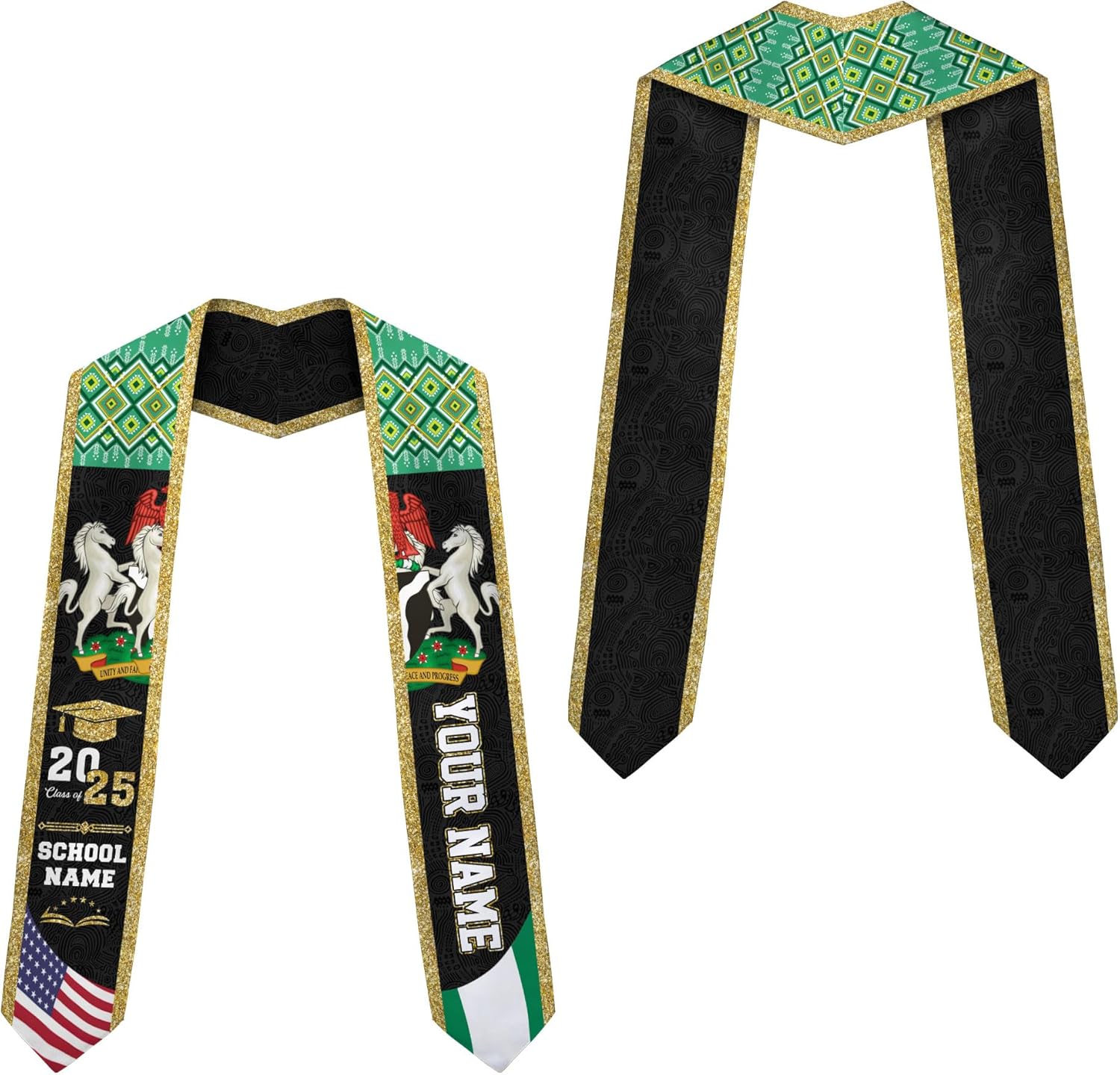 Pretyprints Custom Nigerian Graduation Sash, Nigeria Graduation Stole Customize, Nigerian American Flag Graduation Sash 2025