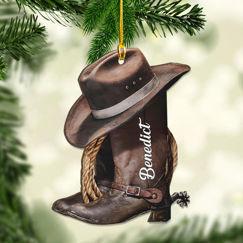 Royalbro Personalized Cowboy Christmas Ornaments, Cowboy Boots and Hat Ornament for Cowboy, Saddle Ornament, Cowboy Cowgirl Horseback Riding Cowboys Ornament Tree Hanging Ornament Gift Xmas (CB N1)