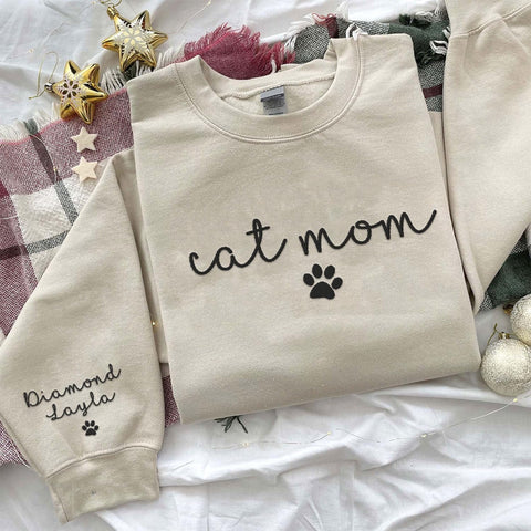 Custom Cat Mom Embroidered Sweatshirt, Personalized Cat Mom Crewneck Sweatshirt for Women, Cat Mama Shirt Gifts (Cotton, SS213)