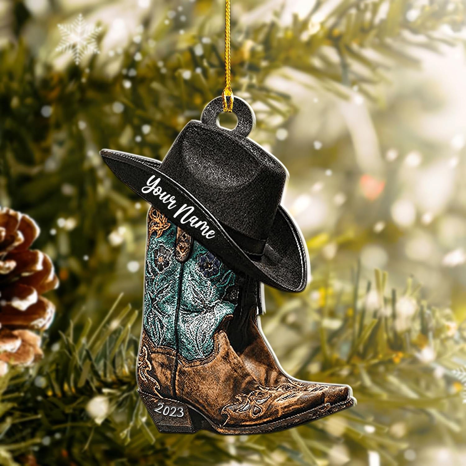 Royalbro Personalized Cowboy Christmas Ornaments, Cowboy Boots and Hat Ornament for Cowboy, Saddle Ornament, Cowboy Cowgirl Horseback Riding Ornament Tree Hanging Ornament (CB 8)