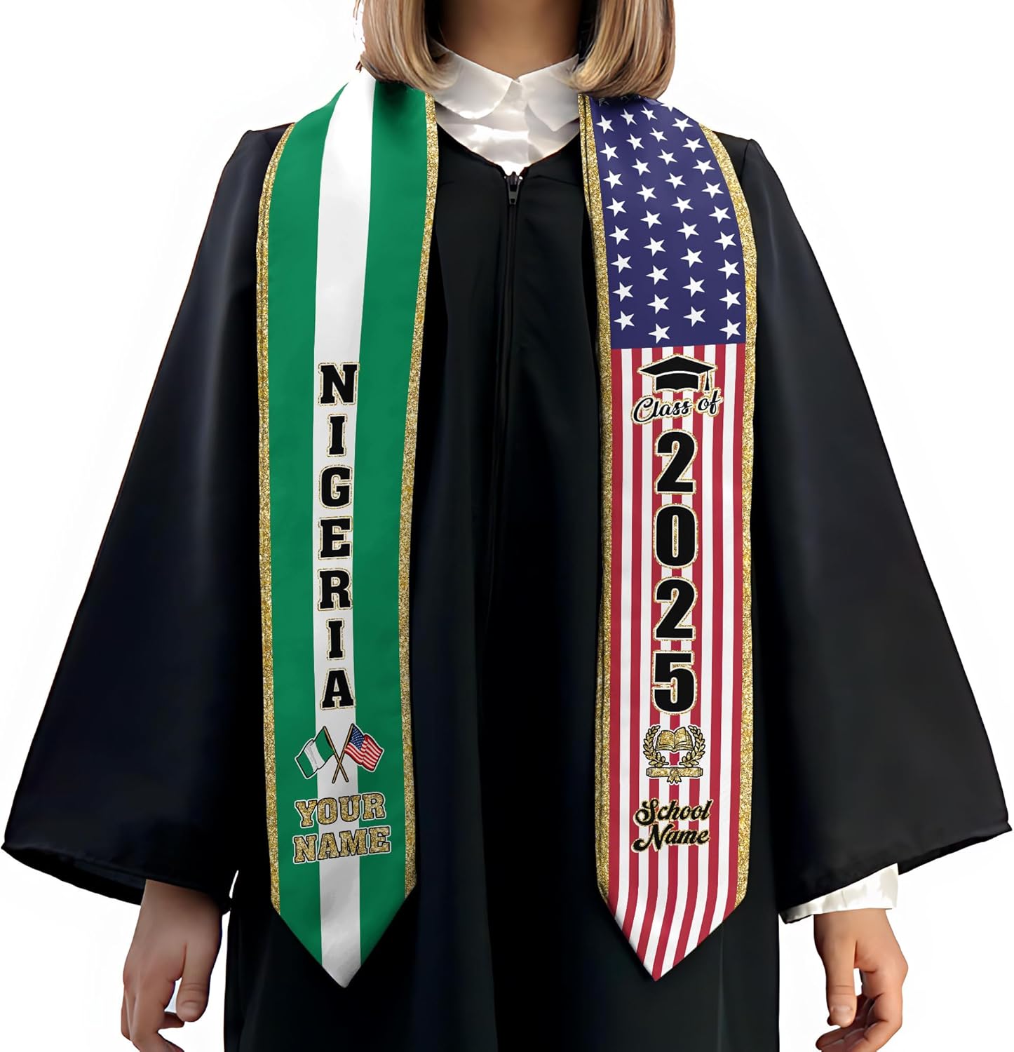 Pretyprints Custom Nigerian Graduation Sash, Nigeria Graduation Stole Customize, Nigerian American Flag Graduation Sash 2025