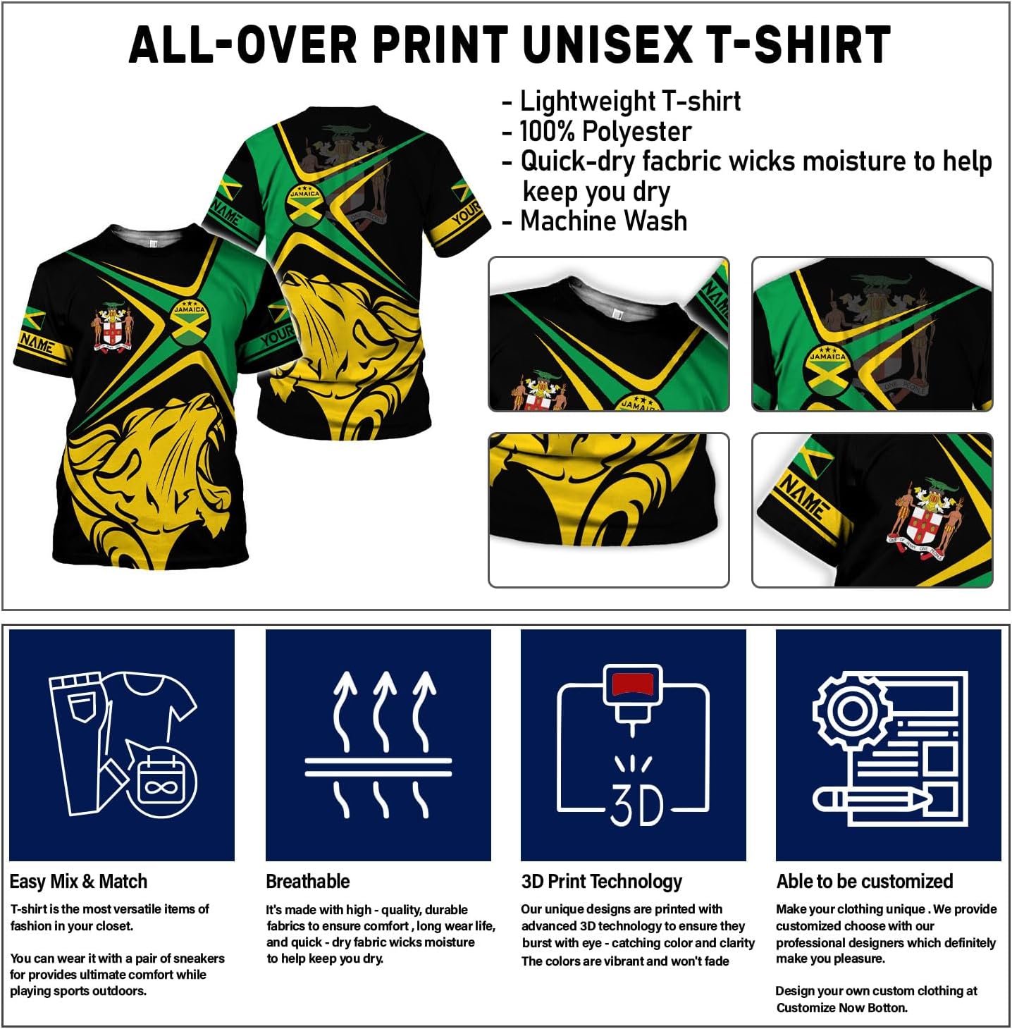 Mostprints Personalized Jamaica Shirt 3D, Custom Jamaica Flag Lion Shirt for Men and Women, Jamaican Pride T-Shirt Unisex