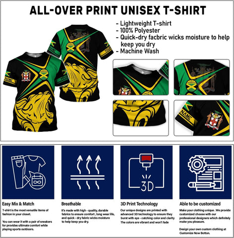 Ligthuy Personalized Jamaica Shirt 3D, Custom Jamaica Flag Lion Shirt for Men and Women, Jamaican Pride T-Shirt Unisex