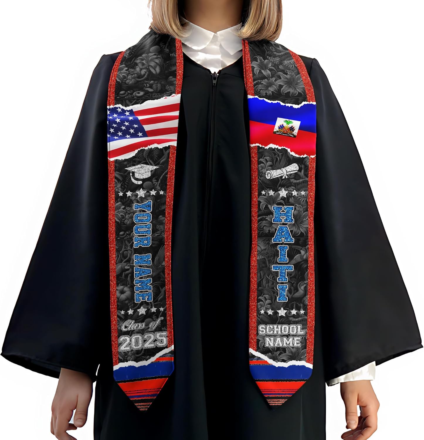 Pretyprints Haitians Graduation Sash, Haiti Graduation Stole Custom, Personalized Haitians American Flag Graduation Sash 2025