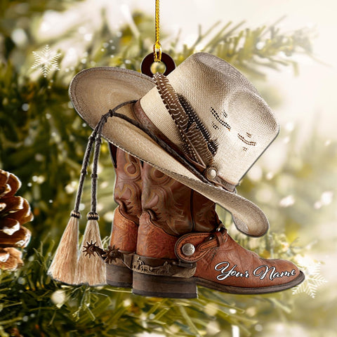 Royalbro Personalized Cowboy Christmas Ornaments, Cowboy Boots and Hat Ornament for Cowboy, Saddle Ornament, Cowboy Cowgirl Horseback Riding Ornament Tree Hanging Ornament (CB 2)