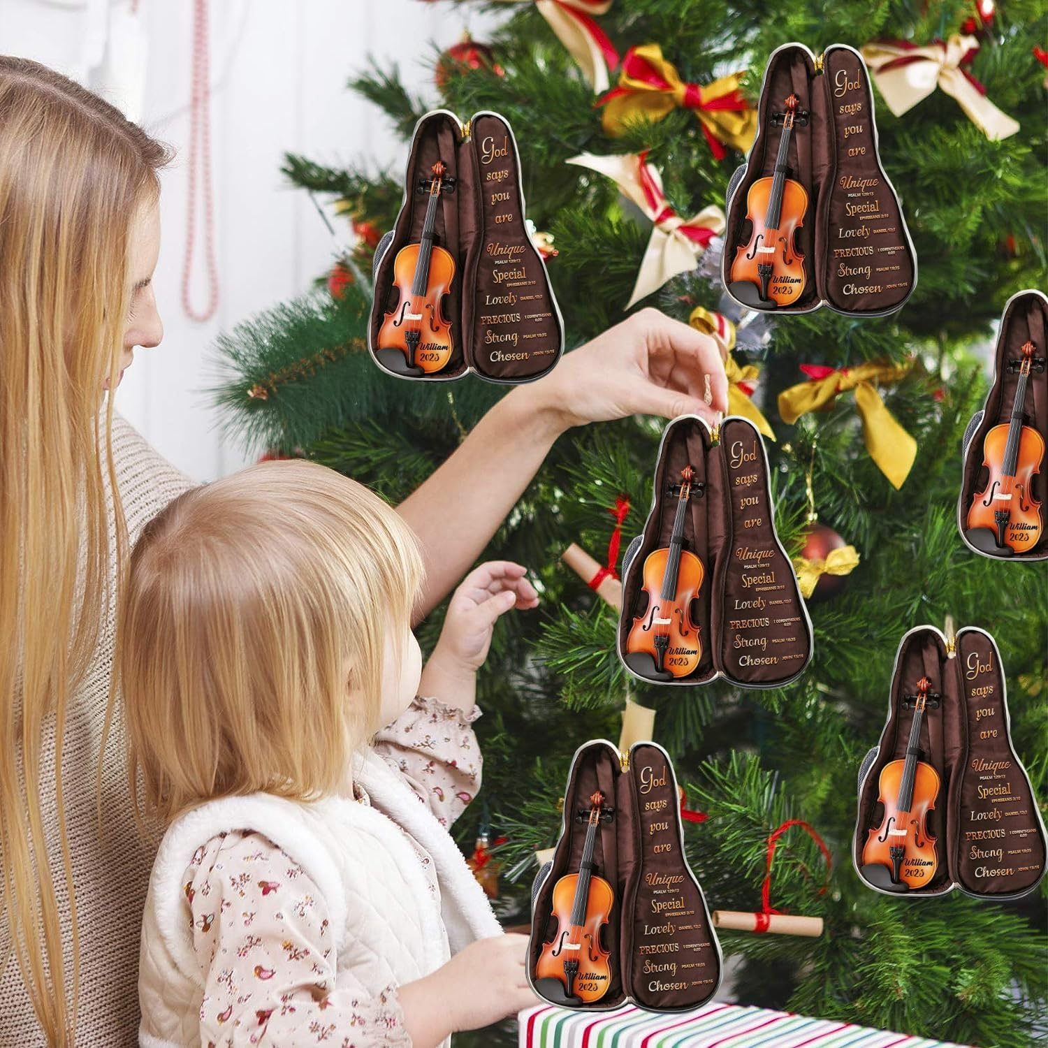 MoonArt Personalized Musical Instruments Ornament, Violin Ornament Custom Names Wood Violin Ornaments for Christmas Tree Hanging Ornament Pine Tree Decorations for Kid Couple Friends Family (VOL4)