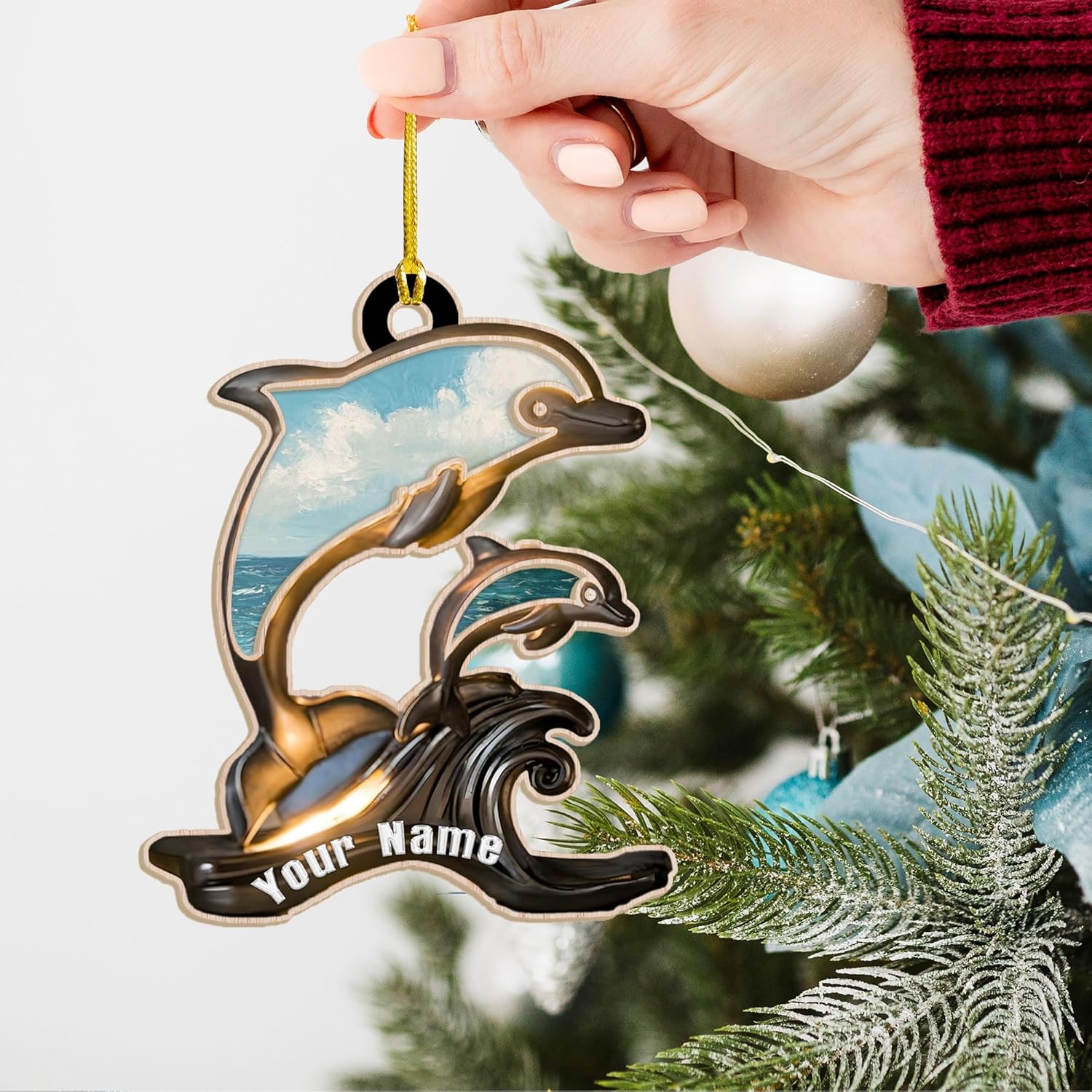 MAPrints Personalized Dolphin Christmas Suncatcher Ornament, Dolphin Ocean Theme Christmas Tree Decorations, Cute Beach Animal Ornaments, Coastal Ornaments, Dolphin Lovers, Dolphin Gifts (Dolphin 6)