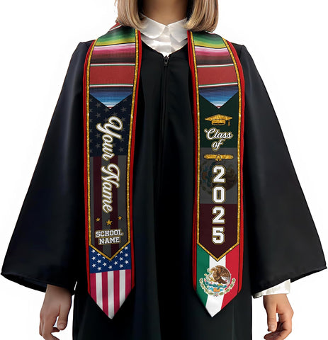 Custom Mexican Graduation Sash, Mexico Graduation Stole Customize Photo, Mexican American Flag Graduation Sash 2025