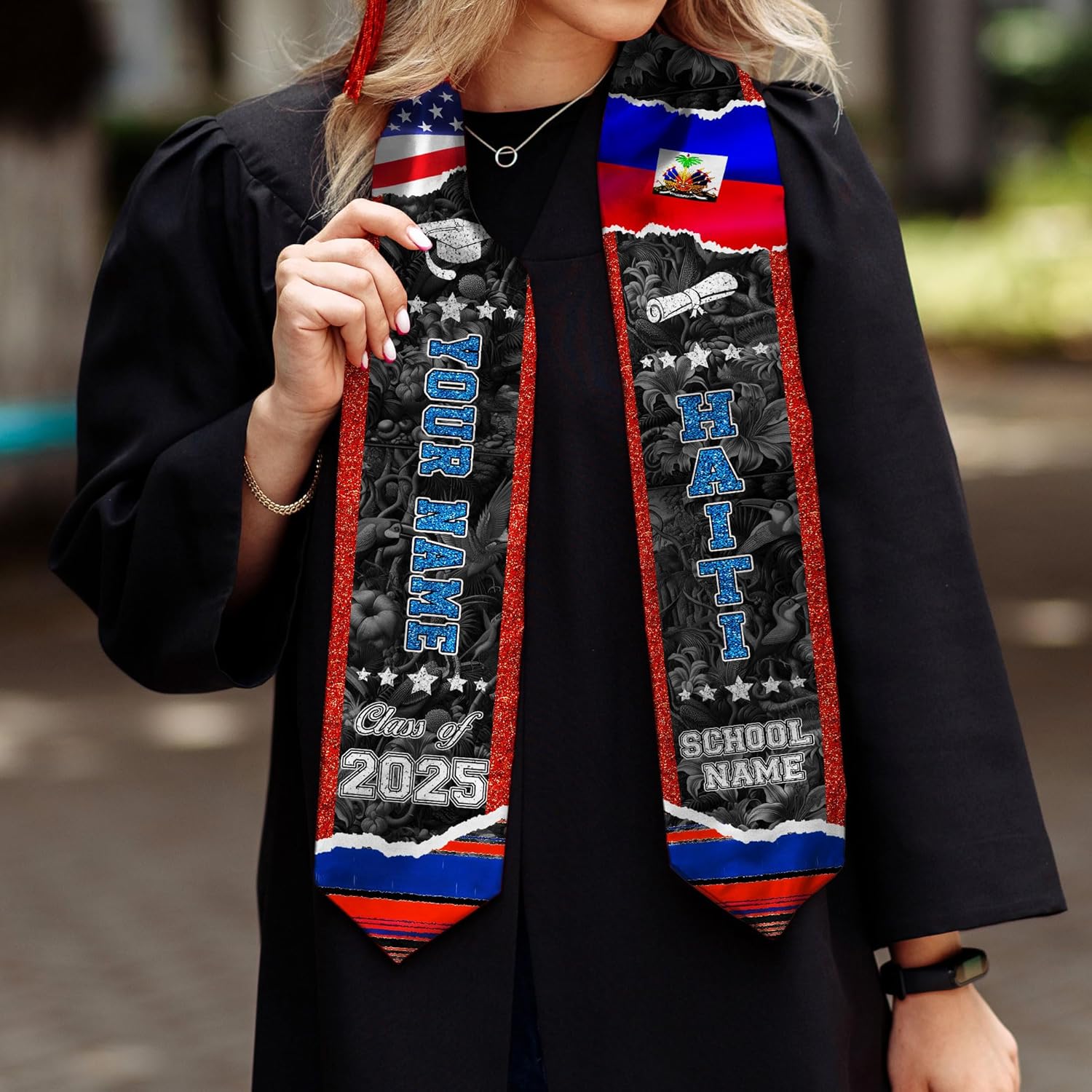 Pretyprints Haitians Graduation Sash, Haiti Graduation Stole Custom, Personalized Haitians American Flag Graduation Sash 2025