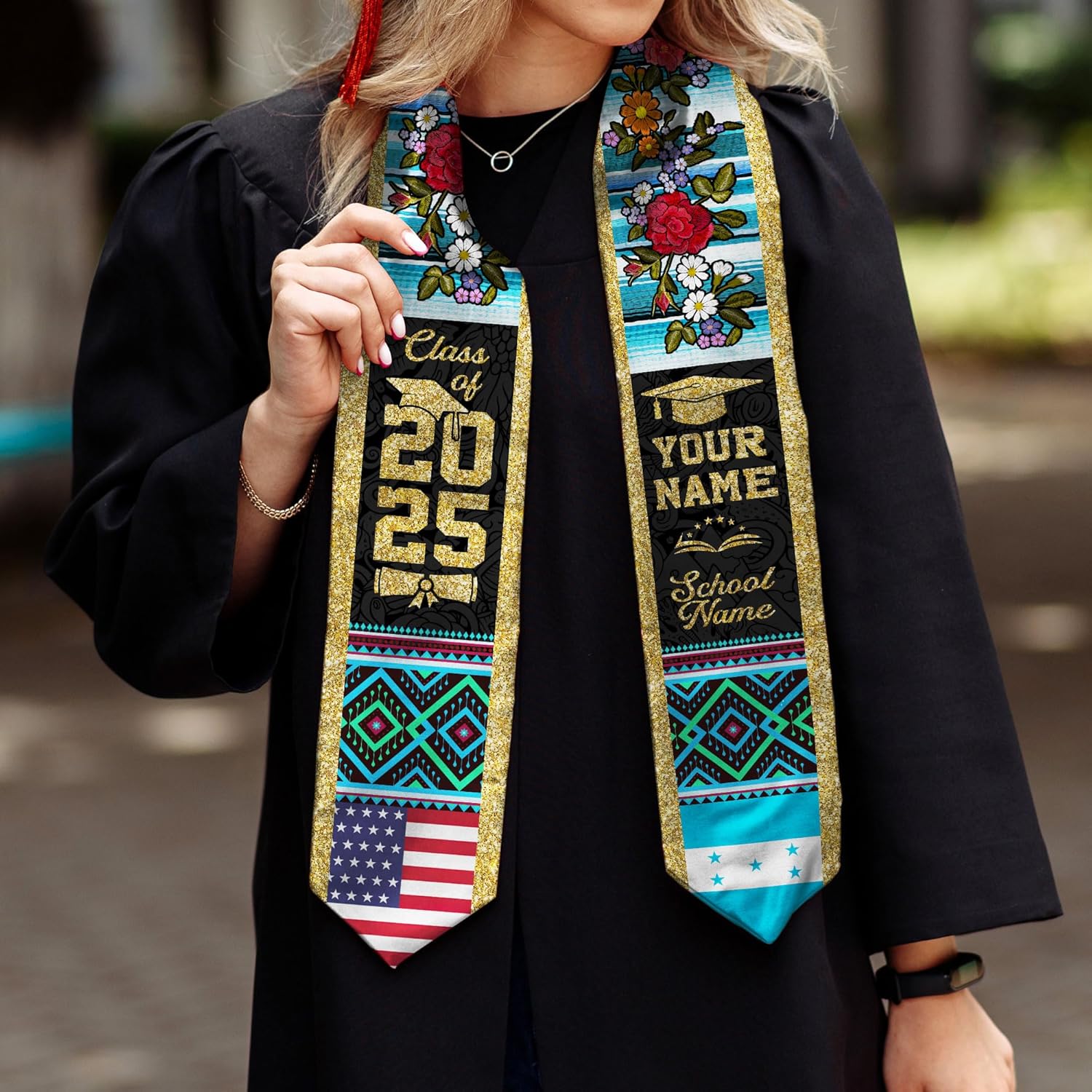 Pretyprints Honduran Graduation Sash, Custom Honduran American Flag Graduation Sash 2025, Honduras Graduation Stole