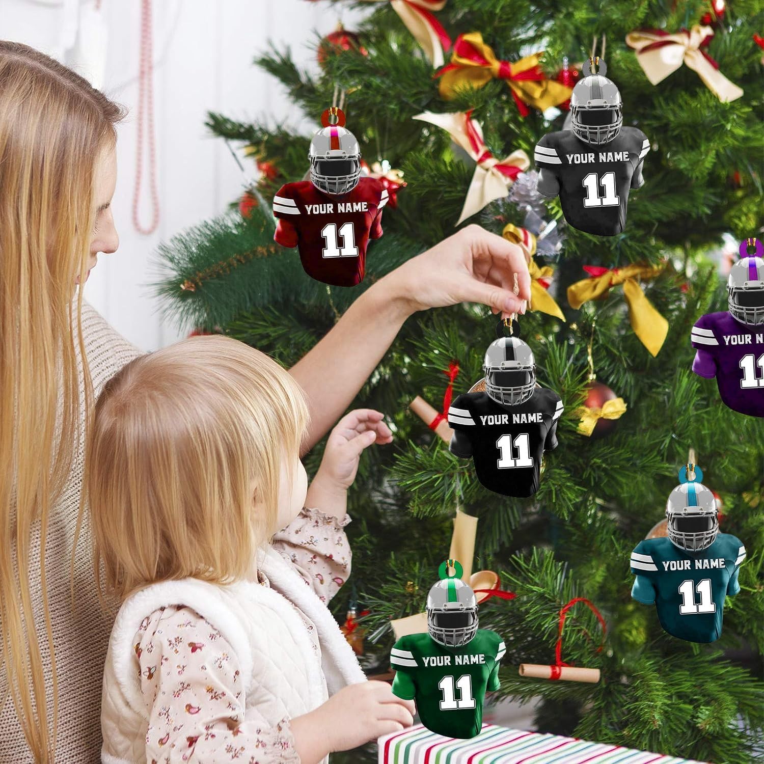 MoonArt Personalized Name Football Ornaments 2023, Customized Football Christmas Ornaments Wood Ornament Christmas Tree Hanging Ornament Pine Tree Decorations for Kid Couple Friends Family, Red (FB3)