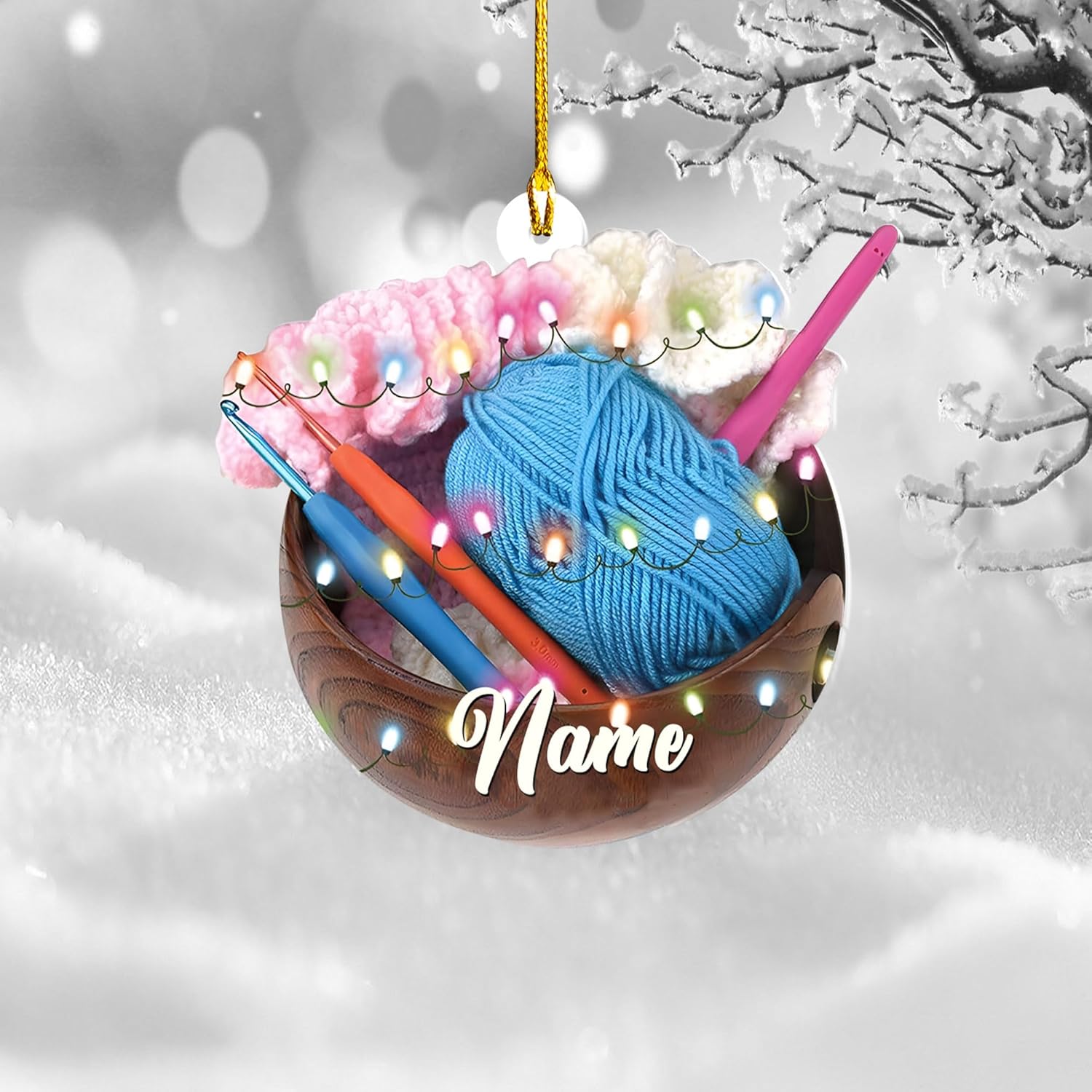 Personalized Knitting Yarns Ornament Christmas, Wool Bakset Knitting Accessories with String Lights Christmas Tree Ornament, Knitting Customized Christmas Ornament String Lights Christmas (KN12)