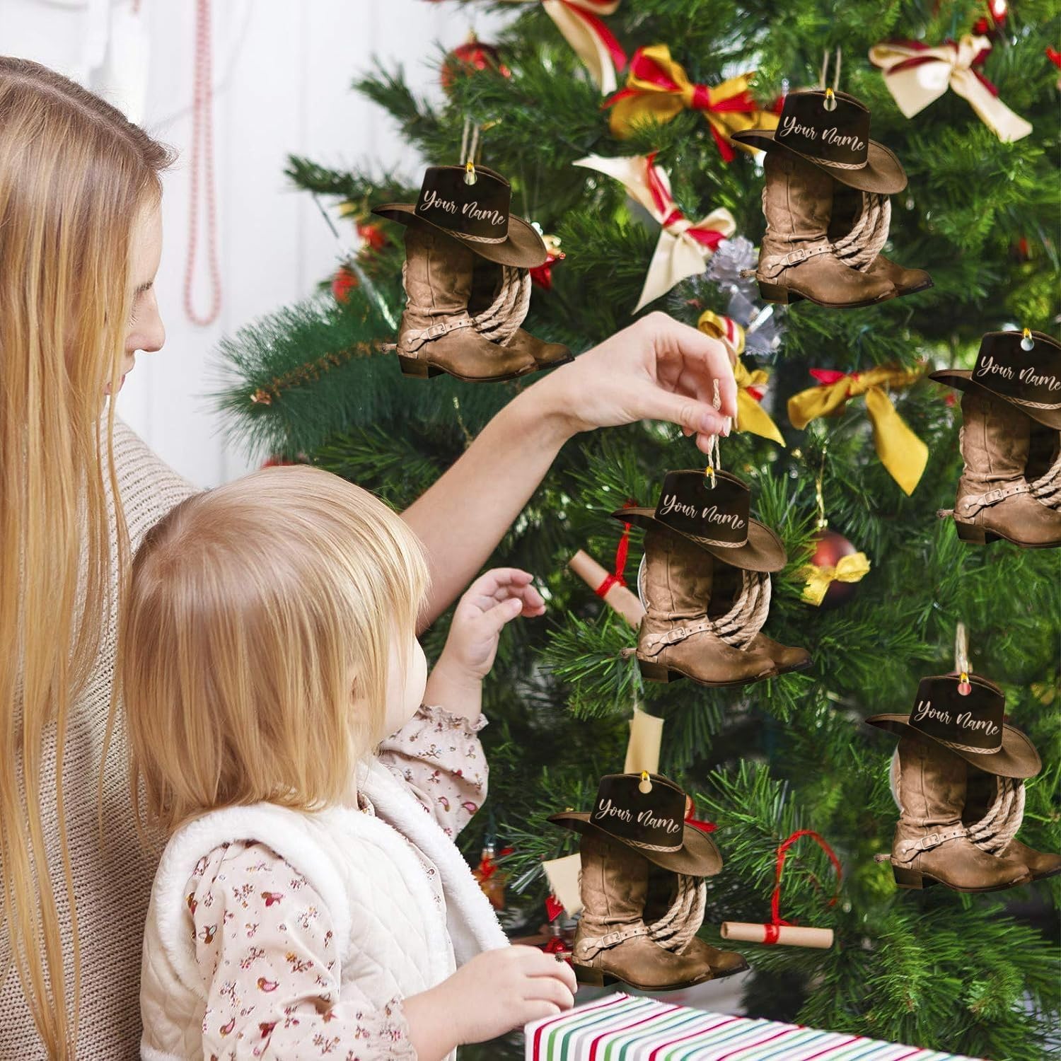 Podagree Personalized Cowboy Boots and Hat Christmas Ornament for Cowboy, Cowboy Cowgirl Horseback Riding Ornament, Horse Racing Ornament (CB7)